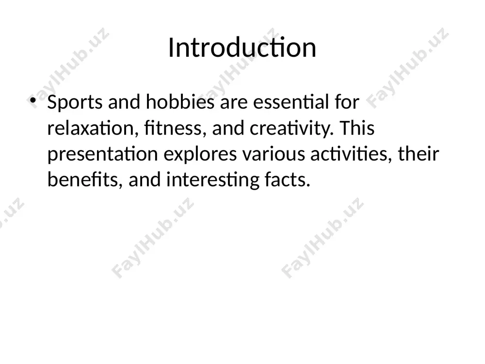 water. - benefits: builds endurance, strength, and flexibility. interesting fact: the first heated swimming pool was built in rome in the 1st century bc. highlight swimming as a full-body workout and relaxation activity. conclusion - sports and hobbies enhance physical and mental well-being. - they provide opportunities for learning, growth, and enjoyment. find a sport or hobby you love and make it part of your routine! encourage the audience to explore new activities. /docprops/thumbnail.jpeg