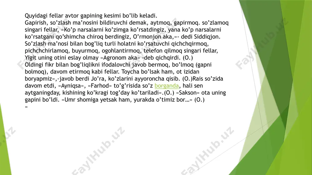 mroq, badiiy asarlarda ko’proq uchraydi. uning avtor gapidan oldin yoki uning o’rtasida kelish holati esa ko’proq jonli tilda uchraydi. ko’chiriladigan gap bittadan ortiq shaxsning o’zaro so’zlashuvidan iborat bo’lsa, bunday ko’chirma gaplar avtor gapisiz-dialog shaklida beriladi. dialog shaklidag gaplarning kimga qarashli ekanlig nutq jarayonida malum bo’ladi. -rais, g’ozamiz ko’p zararlanibdimi? -ha ko’p zararlanibdi. uni tezda davolash zarur. o’zlashtirma gap ko’chirma gap yoyiq bo’lib, uning va avtor gapnining egasi bir xil shaxs-sondagi kishilik olmoshi bilan ifodalansa yoyiq ko’chirma gapdagi ega bilan tuslovchi bir xil bo’lgani uchun, ularning biri tushib qoladi va ko’chirma gaplik xususiyatini bir oz yo’qotadi. men aytdim «men ketaman» tarzda emas, men ketaman dedim. agar avtor gapining egasi ot bilan, ko’chirma gapning egasi kishilik olmoshi bilan ifodalangan bo’lsa, bunday gaplarning o’zlashtirilgan shaklida avtor gapidagi ega va kesim saqlanadi, ko’chirma gapning egasi qaratuvchiga, kesim-lik aksini olgan sifatdosh bilan ifodalangan to’ldiruvchiga-qaralmishga aylanadi. ko’chirma gapning birinchchi shaxs kishilik olmoshi bilan ifodalangan egasi ba’zan …