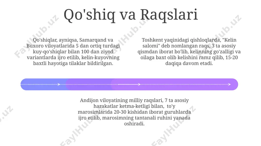 ra, qo'llanilgan. xorazm mintaqasida, 18-asrda, to'yga kelgan har bir mehmon uchun maxsus tayyorlangan 2-3 ta an'anaviy taom, masalan, palov va shashlik, taklif qilingan. to'y marosimlarining boshlanishi 01 02 03 to'y marosimlarining boshlanishi, qadimdan buxoro viloyatida 7 kun davom etadigan keng ko'lamli tadbirlar bilan boshlanib, kelinni uyiga 3 ta otliqning kelishi bilan belgilanardi. samarqandda, to'y marosimining boshlanishiga 3 kun qolganda, "nişan" marosimi o'tkazilib, kelin-kuyovning oilalari o'rtasida 5 ta ramziy sovg'alar almashtirilardi. andijon viloyatida, to'yga 15 kun qolganida, qizning oilasi "kecha-kunduz" deb ataluvchi, mahallasidagi 20 dan ortiq ayollar ishtirok etadigan katta tayyorgarlikni boshlaydilar. sales 1st qtr 2nd qtr 100 0 sales 1st qtr 2nd qtr 100 0 sales 1st qtr 2nd qtr 100 0 sovg'alar va marosimlar kuyov tomonidan kelinning oilasiga 7 ta ramziy sovg'a, jumladan, qimmatbaho matolar va zargarlik buyumlari, samarqanddan olib kelingan an'anaviy gilam va buxoro shahridan olingan noyob qo'lyozma taqdim etilardi. qo'shni qishloqlardan 50 dan ortiq mehmonlarni qabul qiluvchi …