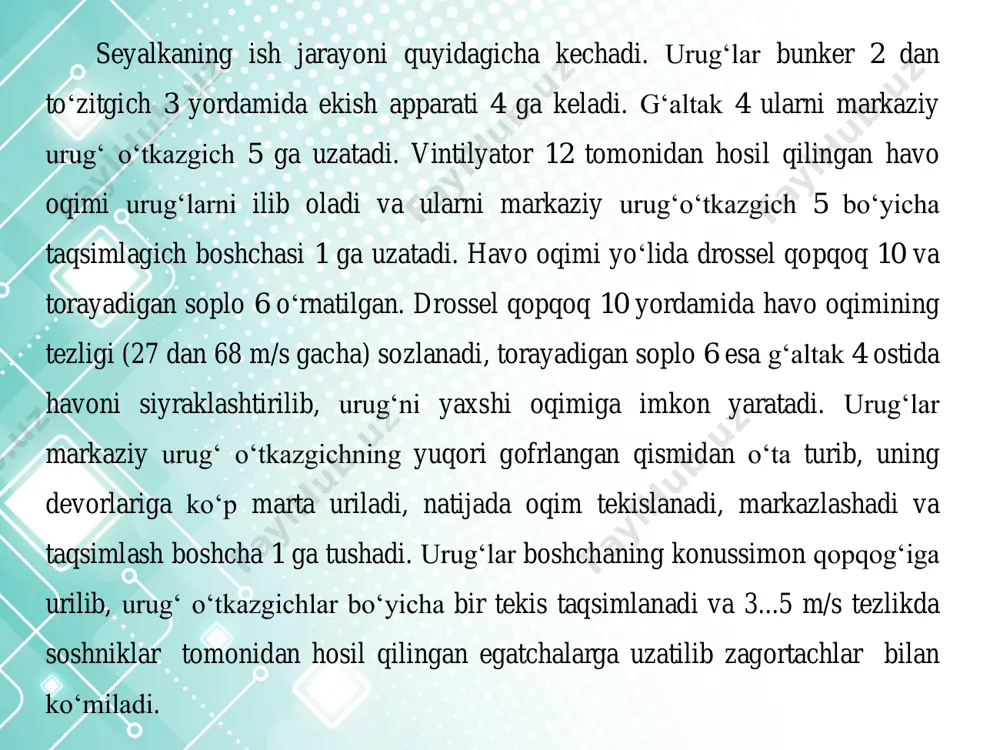 ampir, baqlajon, qovoq va karamning urug‘ini tekis yuzaga va joyaklarga donalab va uyalab ekish uchun mo‘ljallangan. seyalka oltita ekish seksiyasidan iborat bo‘lib (2-rasm), ular parallelogram ilgak 2 bilan ikkita tayanch-uzatma g‘ildirak 16 ga tayangan ramaga bog‘langan. ramada ventilyator, uzatish mexanizmi, avtotirkama, egiluvchan havo o‘tkazgichlar va iztortgichlar o‘rnatilgan. seksiya korpus, to‘zitgich 8 li bunker 7, vakuum turidagi pnevmatik ekish apparati 13, soshnik 14, oldingi 15 va orqa 10 g‘altaklar, zatortachlar 12, soshniklar chuqurligini sozlagich 9 va sudrama 11 dan iborat. 2 - rasm. supo – 6 seyalkasining ish jarayoni. 1 -uzatish mexanizmi; 2- osma; 3 - rama; 4 - avtoulagich; 5 - ventilyator; 6 - havo quvuri; 7- bunker; 8 - to‘zitgich; 9 - chuqurlikni sozlagich; 10 va 15 - g‘altaklar; 11 -shleyf; 12 - zagortachlar; 13 - ekish apparati; 14- soshnik; 16 - g‘ildirak. kartoshka tugunaklarini ekish seyalkalari sn-4b-1 turt katorli kartoshka ekuvchi urnatma mashina kartoshkani katorlab ekish bilan bir …
