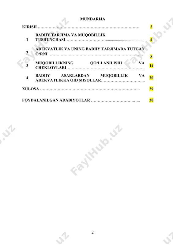 i asosiy omil sifatida ajralib turadi, chunki ular tarjima sifatini va uning original asar bilan aloqasini aniqlaydi. muqobillik - bu tarjimadagi so‘z va ifodalarning o‘zaro mosligi, ya'ni bir tildan ikkinchi tilga o‘tkazilgan so‘zlarning yoki iboralarining asl ma'nosiga to‘g‘ri kelishi. muqobillik nafaqat til, balki madaniyat va kontekstual shartlarga ham bog‘liq bo‘lgan omil sifatida tarjimaning har bir elementini originalga mos keltirishni talab qiladi. muqobillikni to‘g‘ri saqlash, tarjima qilingan matnni o‘qiydigan kishi uchun oddiy va tushunarli bo‘lishiga yordam beradi. shu bilan birga, muqobillik va adekvatlik badiiy tarjimadagi asosiy printsiplar bo‘lib, ularning uyg‘unlashuvi tarjimaning sifatini, samaradorligini va maqsadga muvofiqligini ta'minlaydi. 1 badiiy tarjima va muqobillik tushunchasi badiiy tarjima, asosan, adabiyotshunoslikda, tilshunoslikda va tarjimashunoslikda keng tarqalgan atama bo‘lib, badiiy asarlarning boshqa tilga o‘tkazilishi jarayonini anglatadi. tarjima nafaqat tilning o‘zgartirilgan shakli, balki bir madaniyatning boshqa bir madaniyatga o'tishi hamdir. badiiy tarjima, asarlarni faqat so‘zma-so‘z tarjima qilishdan farqli o‘laroq, ularning estetik, hissiy, va madaniy mohiyatini saqlashni ham …