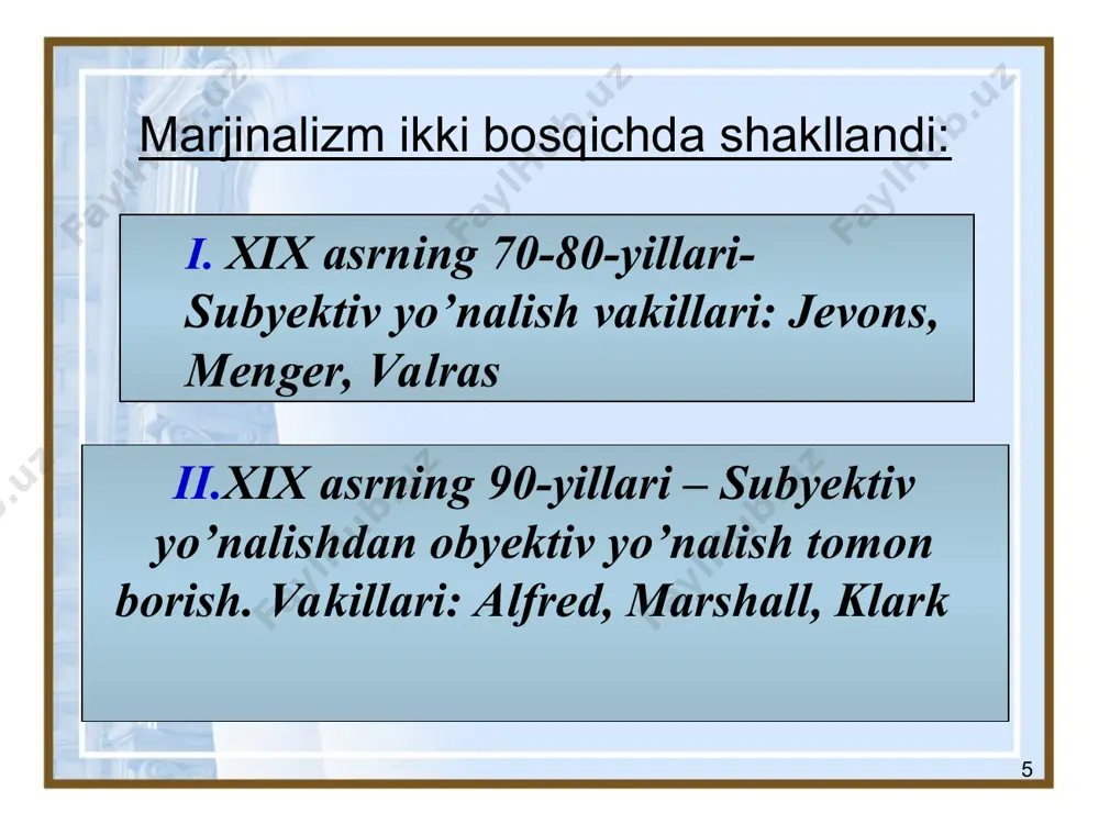 taklif narxning ma’lum darajasida kesishadi bu esa muvozanatni taminlaydi. * amerika maktabi. vakili: jon beyts klark (1847-1938) “boylik falsafasi” , “boylikning taqsimlanishi” universal iqtisodiyot – iqtisodiy faoliyatning qonun qoidalarini o’rganadi ijtimoiy iqtisodiy statika – iqtisodiy xodisalar, muvozanatning barqaror holatida o’rganiladi, bunda rivojlanish jarayoni hisobga olinmaydi. ijtimoiy iqtisodiy dinamika – iqtisodiy jarayonlar dinamikada o’rganiladi * jon beyts klark meyoriy naflilikning, meyoriy unumdorlikning kamayib borish qonunini chuqur tahlil qildi. – iqtisodiy faoliyatda ikki omil (mehnat va kapital) qatnashadi. agar bir omilning hajmi o’zgarmasdan qolsa ikkinchi bir omilning hajmi oshsa iqtisodiyotda ma’yoriy unumdorlik kamayish yo’nalishiga ega. ishchilarning ish haqi 2 narsaga bogliq: 1) ish bilan band bo’lishning darajasiga 2) mehnat unumdorligining darajasiga. производители, чьи издержки ниже издержек равновесия, получают сверх прибыль или “квазиренту” * кембридж мактаби. а.маршалл (1842-1924) «сиёсий иқтисод принциплари» (1890) у иқтисодий жараёнларга субъектив қарашларга асосланган функционал тадқиқот усулларни қўллайди. у ўзидан аввалги мавжуд нарх назариялари «энг юқори фойдалилик (наф)», "ишлаб …