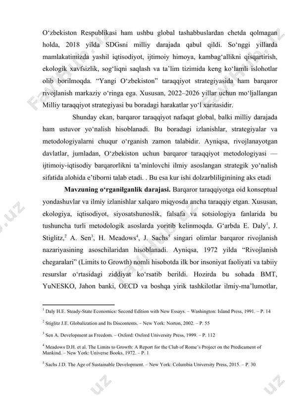 aniladi. kurs ishining predmeti. kurs ishining predmeti esa o’zbekistondagi ekologik vaziyatlarni o’rganish hisoblaniladi [0: daly h.e. steady-state economics: second edition with new essays. – washington: island press, 1991. – p. 14] [1: stiglitz j.e. globalization and its discontents. – new york: norton, 2002. – p. 55] [2: sen a. development as freedom. – oxford: oxford university press, 1999. – p. 112] [3: meadows d.h. et al. the limits to growth: a report for the club of rome’s project on the predicament of mankind. – new york: universe books, 1972. – p. 1] [4: sachs j.d. the age of sustainable development. – new york: columbia university press, 2015. – p. 30] kurs ishining maqsadi. o’zbekistonning barqaror taraqqiyot metodologiyasini o’rganis, migratsiya, demokrafik muommalarini o’rganish, covid pandemiyasi haqida ma’lumotlarga ega bo’lishddan iborat usbu maqsadlardan kelib chiqqan holda, kurs ishi quyidagi vazifalarni yechishga qaratilgan. · barqaror taraqqiyot tushunchasining shakllanishi va rivojlanish tarixini tahlil qilish; …