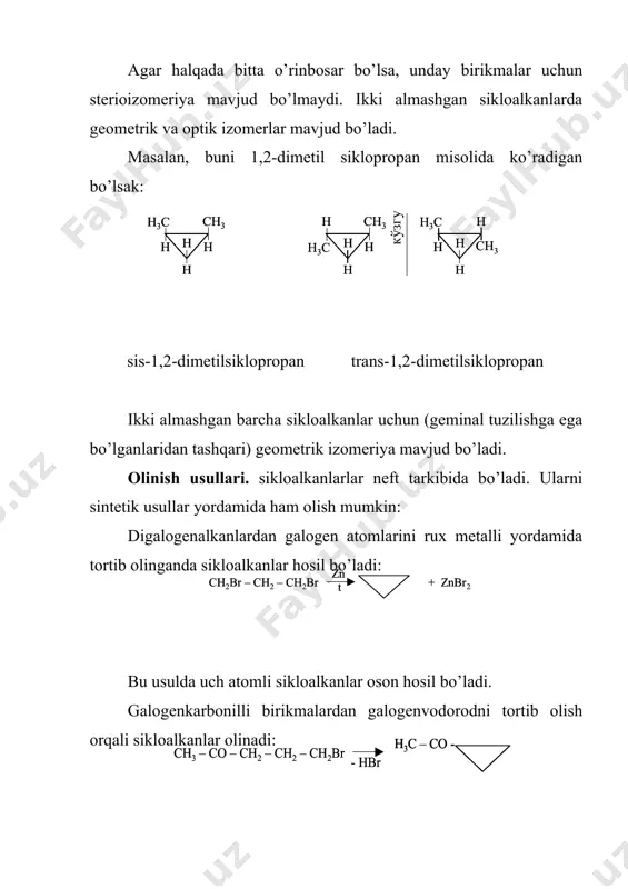 . sikloalkanlarning dastlabki vakillari gazsimon, siklopentandan boshlab suyuqlik. ularning qaynash, suyuqlanish haroratlari, zichliklari tegishli teng sonli alkanlarnikiga nisbatan katta. halqadagi uglerodlarning soni ortib borishi bilan sikloalkanlarning qaynash haroratlari ortib boradi. ayrim sikloalkanlarning muhim fizik kattaliklari jadvalda keltirilgan. nomi suyuqlanish harorati, 0c qaynash harorati, 0c zichligi, g/l siklopropan -126,9 -33 0,698 siklobutan -80,0 13 0,7038 metilsiklopropan -177,2 0,7 0,6912 siklopentan -94,4 49,9 0,7490 etilsiklopropan -149,4 34,5 0,677 siklogeksan -6,5 80,7 0,7781 metilsiklopentan -142,2 71,9 0,7488 kimyoviy xossalari. 3-a’zoli sikloalkanlar galogenlash, gidrogalogenlash, gipogalogenlash kabi kimyoviy jarayonlarga oson kirisha oladilar. reaksiya vaqtida c–c bog’i uziladi halqa ochiladi. galogenlash. siklopropanga brom bilan ta’sir etilganda 1,3-dibrom propan hosil bo’ladi: siklopropanni xlorlash reaksiyasida 1,3-dixlorpropan bilan birga xlor siklopropan ham hosil bo’ladi: siklobutan va uning gomologlari brom bilan qiyinchilik bilan yuqori haroratda reaksiyaga kirishadilar. siklopentan va siklogeksanga galogenlar bilan ta’sir etilganda, halqa ochilmaydi va almashinish reaksiyasi sodir bo’ladi. galoidvodorodlar ta’siri. siklopropan va siklobutanga galoidvodorodlar, ayniqsa vodorod bilan …