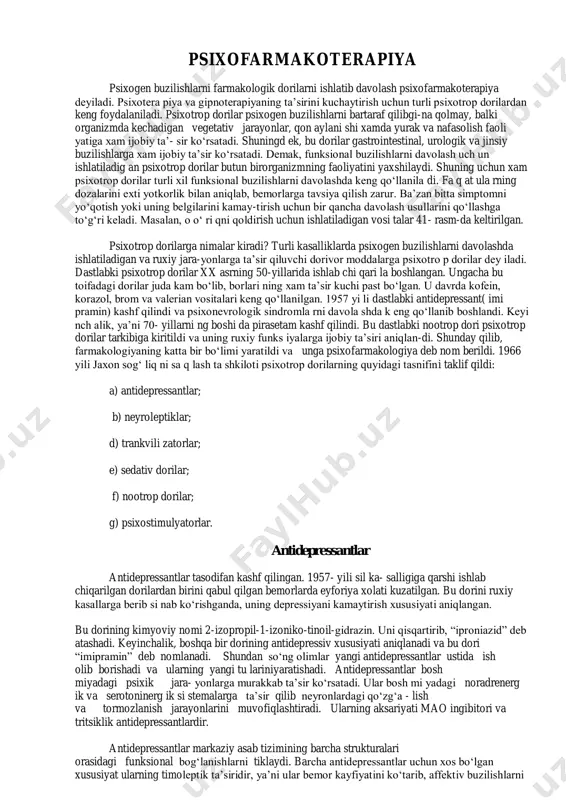 ni bir- biriga yuqtirishadi va uning taʼsir kuchi yanadaoshadi. bemorni gi pnoz usuli bilan davolamoqchi bo‘lgan v rach bemor shikoyatla rini aytayotga nda nimalarni k o‘p takrorlayot ganiga axami yat berishi va bundan foydalanishi kerak». gi pnoterapiya paytida “bo‘rtib” turgan belg ilarga e ʼtibor berish lozim. gipnoz o‘tkazayotgan vrach bemorga silash, ko‘z va so‘z orqali taʼsir qilsa, miya po‘stloo‘ida joylashgan uchta markaz(sezgi , ko‘ruv va eshituv) ni tormozlash imkoniga ega bo‘ladi (40-rasm). bu tormozlanish po‘stloo‘ning barcha soxalariga tarqaladi va bemor gipnotik uyquga ketadi. psixoterapevtik tajribasi bo‘lmagan vrach bemorni davolashda qiyna ladi , ayniqsa , nevroz bi lan kasallangan bemorda psixosomatik belgilar kuzatilsa, tashxis qo‘yish xam ancha mushkul- lashadi. buerda nevropatologlar xam, terapevtlar xam bir xil muammoga duch kelishadi. masalan, bemorga uning shikoyatlari ga qarab (maxsus tekshirishlar o‘tkazilmasdan), «oshqozon yarasi» tashxisi qo‘yiladi. u bu kasallik bilan 10 yildan buyonoo‘riydi. qorindagi og‘riqlar si qilg anda kuch ay ib, tinch lang anda kamay …