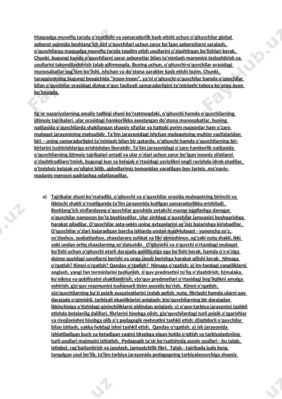 orlikda o’qish o’rganishdir. hamkorlikda o’qitish har bir o’quvchini kundalik qizg’in aqliy mehnatga, ijodiy va mustaqil fikr yuritishga o’rgatish, shaxs sifatida onglilik, mustaqillikni tarbiyalash, har bir o’quvchida shaxsiy qadr qimmat tuyg’usini vujudga keltirish, o’z kuchi va qobiliyatiga bo’lgan ishonchni mustahkamlash, tahsil olishda mas`uliyat hissini shakllantirishni ko’zda tutadi. hamkorlikda o’qitish texnologiyasi har bir o’quvchining tahlil olishdagi muvafaqqiyati. 2.o’qituvchi-o’quvchi hamda o’quvchilarning o’zaro hamkorlik va do’stona munosabatga kirishishlari uchun ular bir-birlarini yaqindan bilishlari va yaxshi tushunishlari lozim. o’quvchilar bilan o’qituvchi orasida ishchan muloqot va hamkorlikning maqsadga muvofiq tarzda o’rnatilishi va samaradorlik kasb etishi uchun o’qituvchilar global axborot oqimida boshlang’ich sinf o’quvchilari uchun zarur bo’lgan axborotlarni saralash, o’quvchilarga maqsadga muvofiq tarzda taqdim etish usullarini o’zlashtirgan bo’lishlari kerak. chunki, bugungi kunda o’quvchilarni zarur axborotlar bilan ta’minlash maromini tezlashtirish va usullarini takomillashtirish talab qilinmoqda. buning uchun, o’qituvchi-o’quvchilar orasidagi munosabatlar sog’lom bo’lishi, ishchan va do’stona xarakter kasb etishi lozim. chunki, taraqqiyotning bugungi bosqichida “inson-inson”, ya’ni o’qituvchi-o’quvchilar hamda o’quvchilar …