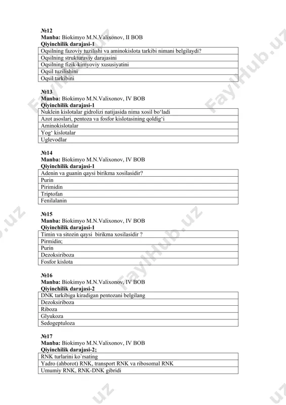etik funksiyani bajaradi? dnk rnk oqsil fermentlar №19 manba: biokimyo m.n.valixonov, iv bob qiyinchilik darajasi-2; dnk va rnk takibiga qaysi azot asoslari kiradi? purin va pirimidin turli purin pirimidin №20 manba: biokimyo m.n.valixonov, ii bob qiyinchilik darajasi-1; aminokislotalar qaysi polimerlarning strukturaviy monomeri xisoblanadi oqsillarning nuklein kislotalarning uglevodlarning fermentlarning №21 manba: biokimyo m.n.valixonov, iv bob qiyinchilik darajasi-1; mononukleotidlar qaysi polimerlarlarning strukturaviy monomerlari xisoblanadi nuklein kilsotalarning oqsillarning polisaxaridlarning fosfolipidlarning oqsillarning №22 manba: biokimyo m.n.valixonov, iv bob qiyinchilik darajasi-3; 3',5'- fosfodiefir bogi yordamida o‘zaro bog‘langan nukleotidlar zanjiri nimani ifoda etadi? nuklein kislotalarning birlamchi strukturasini oqsillarning birlamchi strukturasini murrakab lipidlarning tuzilishini polisaxaridlarning tarkibini №23 manba: biokimyo m.n.valixonov, iv bob qiyinchilik darajasi-2; chargaff qoidalari qaysi prinsip asosini tashkil qiladi? azot asoslarining komplementarlik prinsipi uglevodlar mutanosiblik prinsipi fosfor kislota va uglevodning bir biriga moslik prinsipi azot asoslarining nokomplementarlik prinsipi №24 manba: biokimyo m.n.valixonov, iv bob qiyinchilik darajasi-3; azot asoslarining komplementarlik prinsipi nimani belgilaydi? dnkning qo‘shspiralli tuzilishini …