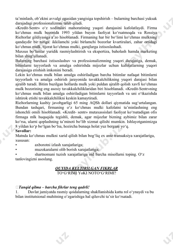 tibi, ob’ektni topshirish tartibi) haqida dastlabki muzokaralarni o‘tkazish va bitimni amalga oshirish uchun zarur bo‘lgan barcha hujjatlarni tayyorlash bosqichi boshlanadi. shartnomani tuzish, ehtimol uni notariusda tasdiqlash va davlat ro‘yxatidan o‘tkazish bitimning yakuniy bosqichi hisoblanadi. narxni to‘g‘ri belgilash, ob’ektni va huquq egalarini sifatli huquqiy ekspertiza qilish, hujjatlarni to‘g‘ri va tez tayyorlash, barcha bosqichlarda muzokaralarni to‘g‘ri o‘tkazish, hisob-kitoblarning xavfsizligini i http://www.credit-centcr.ra/anicles/garant.html. ta’minlash, ob’ektni avvalgi egasidan yangisiga topshirish – bularning barchasi yuksak darajadagi professionalizmni talab qiladi. «kredit-sentr» o‘z xodimlari mahoratining yuqori darajasini kafolatlaydi. firma ko‘chmas mulk bozorida 1993 yildan buyon faoliyat ko‘rsatmoqda va rossiya rieltorlar gildiyasiga a’zo hisoblanadi. firmaning har bir bo‘limi ko‘chmas mulkning qandaydir bir turiga: ikkilamchi yoki birlamchi bozorlar kvartiralari, zahar ortidagi ko‘chmas mulk, tijorat ko‘chmas mulki, garajlarga ixtisoslashadi. maxsus bo‘limlar yuridik rasmiylashtirish va ekspertiza, baholash hamda marketing bilan shug‘ullanadi. bularning barchasi ixtisoslashuv va professionalizmning yuqori darajasiga, demak, bitimlarni tayyorlash va amalga oshirishda mijozlar uchun kafolatlarning yuqori darajasiga erishish imkonini beradi. …