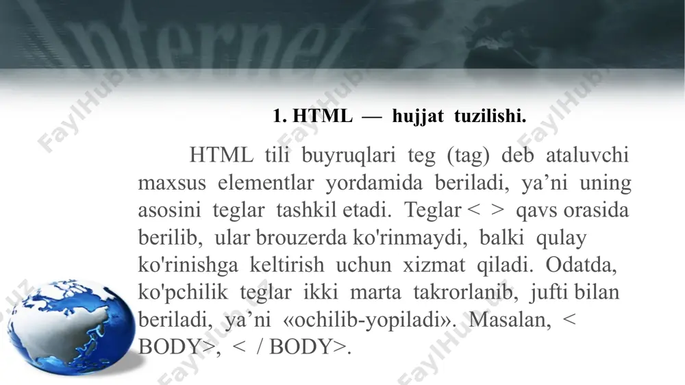 text — matnning asosiy rangi. masalan: • link — gipermurojaatli matn rangi. masalan: • vlink — gipermurojaatli matn tanlangandan keyingi rangi; masalan: • alink — joriy gipermurojaat rangi, kursor yordamida tanlangan paytda shu rang ko'rinadi. masalan: 7. br satrni avtomatik bo'lib, keyingi satrga o'tkazish. 8. dd matn chap chegara bo'yicha tekislanadi. ta’riflar ro'yxati (dl) ichida ishlatiladi. masalan: birinchi pog'ona ikkinchi pog'ona 9. dl ... — ta’riflar ro'yxatini ko'rsatadi. ichida teg orqali aniqlanayotgan termin, teg bilan esa termin ta’rifi beriladi. masalan: termin termin ta’rifi 10. embed sahifadagi bajariluvchi obyektlar uchun zarur bo'lgan vositalar joylashgan joyni ko'rsatish yoki avtomatik bajariladigan qilish. masalan: flash, vrml, quicktime, adobe acrobat va boshqa vositalar orqali. scr — orqali obyekt (fayl) ning joylashgan joyi yo'lini ko'rsatish. 11. font ... — shrift parametrlarini ko'rsatadi. atributlari: • size — matn o'lchamini ko'rsatish; • color — matn rangini ko'rsatish; • face — shrift nomini ko'rsatish, shuningdek bir nechta shriftni ham …