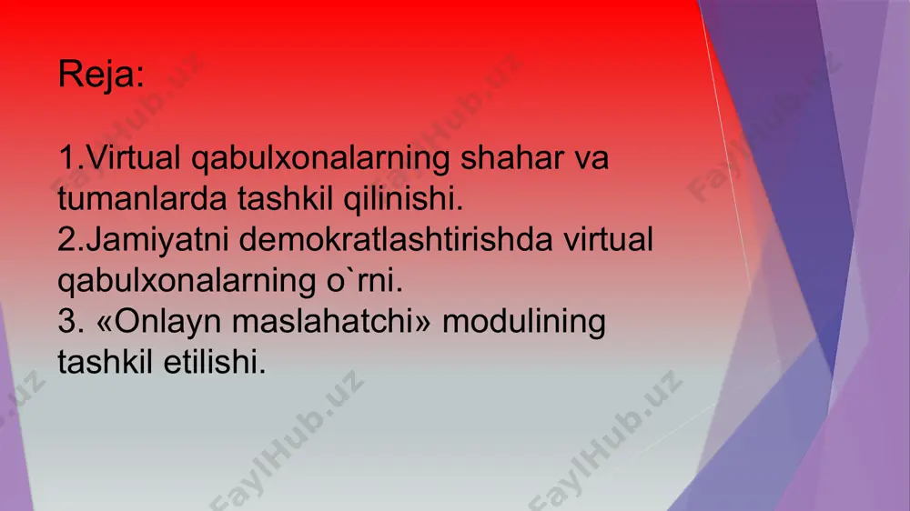 y ravishda tahlil qilinib, «ko‘p beriladigan savollar» bo‘limiga qo‘shib boriladi. bundan ko‘zlangan asosiy maqsad murojaatchiga o‘zini qiziqtirgan savolga rasmiy murojaat qilmasdan ham javob olish imkoniyatini yaratishdan iborat.shu munosabat bilan fuqarolar murojaatlarini tahlil qilish natijasida ko‘p berilgan savollar aniqlab olinib, ularning javoblari oddiy va tushunarli tilda ifodalanib, maxsus bo‘limda jamlandi. «vazirlik va idoralar rahbarlarining fuqarolarni qabul qilish jadvallari va ularga murojaat yuborish» moduli joriy qilindi. bu bilan pm.gov.uz manzilida barcha davlat va xo‘jalik boshqaruvi organlari, mahalliy hokimliklar rahbarlarining fuqarolarni qabul qilish jadvallari yagona bazada joylashtirildi. ya’ni, davlat organlari rahbarlarining fuqarolar qabuliga doir ma’lumotlar — qabul kunlari, vaqti, tegishli telefon raqamlari, elektron pochta manzillari, davlat organining manzili haqidagi ma’lumot bir joyda jamlandi.ayrim hollarda jismoniy va yuridik shaxslar o‘zlarini qiziqtirgan masala uchun qaysi davlat organi mas’ul ekani borasida yetarli bilimga ega bo‘lmaydi. xalq qabulxonalari haqidagi barcha ma’lumot bilan portal orqali ham tanishish mumkin. «xalq qabulxonalari manzillari» bo‘limida o‘zbekiston prezidentining xalq qabulxonalari to‘g‘risidagi ma’lumotlarga …