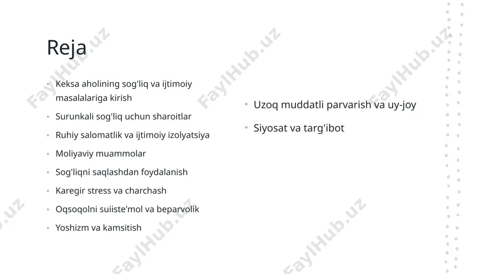 i moliyaviy muammolarga duch kelishi mumkin.masalan, nafaqaga chiqqan shaxs zarur dori-darmonlar, uy modifikatsiyalari yoki ularga yordam berish uchun zarur dori-darmonlarni jalb qilish uchun kurashishi mumkin.ushbu moliyaviy balllar stressni keltirib chiqarishi va ularning umumiy farovonligini keltirib chiqarishi mumkin. sog'liqni saqlashdan foydalanish ko'p keksa odamlar sog'liqni saqlash tizimiga, transport cheklovlari, harakatchanlik masalalari va arzonligi kabi sog'liqni saqlashni olishga to'siqlarga duch kelmoqdalar.masalan, qishloq joylarida yashovchi keksa odam tibbiy mutaxassislarga kirish imkoniyati cheklangan bo'lishi yoki zarur dori-darmon va davolash usullari va davolanish uchun kurashishlari mumkin.ushbu to'siqlar sog'liqni saqlash ehtiyojlari va sog'liqni saqlash natijalariga olib kelishi mumkin. karegir stress va charchash keksa odamlarning oila a'zolari va qardoshlari ko'pincha yuqori darajadagi stress va charchashni boshdan kechirishadi.masalan, oilaviy parvarish qiluvchi ota-onani jismoniy va hissiy charchoqqa olib keladigan keksa ota-onaga parvarish qilish bilan o'z majburiyatlarini muvozanatlash uchun kurashishi mumkin.qardorlar uchun nazorat va resurslarni tanlab olishning oldini olish va parvarish qiluvchi va keksa odamning farovonligini ta'minlash juda muhimdir. oqsoqolni …