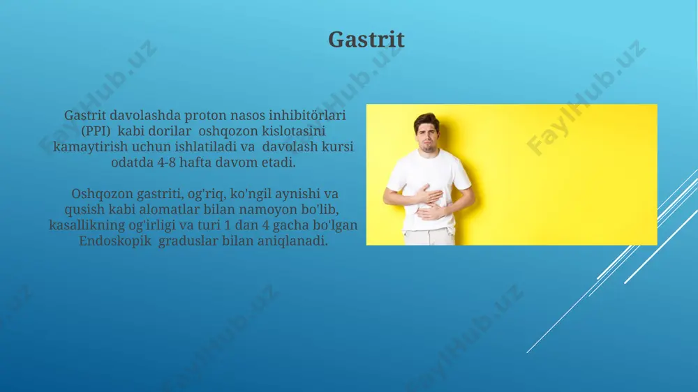 'limga olib kelishi mumkin. oshqozon og'rig'ining 70% dan ortig'i gastrit, oshqozon yarasi yoki reflyuks kabi oshqozon-ichak trakti kasalliklari bilan bog'liq bo'lib, ular stress, noto'g'ri ovqatlanish va helicobacter pylori infeksiyasi bilan bog'liq. parhez parhez, oshqozon-ichak traktining 10 dan ortiq kasalliklarini davolashda qo'llaniladigan an'anaviy usul bo'lib, uning samaradorligi ko'plab omillarga, jumladan, bemorning yoshi va kasallikning og'irligiga bog'liq. to'g'ri tuzilgan parhez, ozuqaviy moddalar va vitaminlarning (masalan, b12 vitamini) etarli miqdorda ta'minlanishini ta'minlab, me'da-ichak trakti funksiyalarini tiklashga yordam beradi. stress va oshqozon surunkali stress kortizol gormoni darajasini ko'tarishi, bu esa oshqozon kislotasi ishlab chiqarilishini kuchaytiradi va oshqozon shilliq qavatining himoya qatlamini susaytiradi, natijada gastrit yoki yaralar paydo bo'lishi mumkin. stress oshqozon yarasi xavfini 2-3 baravar oshirishi mumkin, chunki u gastrit va peptik yaralar kabi oshqozon-ichak traktining yallig'lanish kasalliklariga olib kelishi mumkin. hayot tarzi o'zgarishlari kuniga 5 ta meva va sabzavot iste'mol qilmaslik, tola moddalarining etishmasligiga olib keladi, bu esa ichak peristaltikasini sekinlashtiradi va qabziyat, …