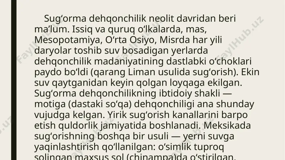 ri, muzliklar va krrliklarning erishi, shuningdek, yogʻinlar natijasida hosil boʻladi. togʻlardagi yer osti suvlari yukrridagi sanab oʻtilgan suv olish manbalari hisobiga vujudga keladi. togʻoldi va sugʻorma mintaqalarda yer osti suvlari, asosan, yer usti suvlari hisobiga toʻyinadi. daryo va yer osti suvlarining suv resurslari oʻzaro bir-biriga bogʻliq. yer osti suvlaridan juda katta miqdorda foydalanish daryo oqimini kamaytirib yuboradi. oʻrta osiyoning sugʻorma dehqonchilik mintaqalarida daryo suvlarining yillik resurslari 114 km³ ni, jumladan, amudaryoda (zarafshon va qashqadaryo bilan birga) — 74,7 km³, sirdaryoda — 39 km³, tajan va murgʻobda — 2,4 km³ ni tashkil etadi. suv resurslari hududiy jihatdan notekis joylashgan boʻlib, togʻlarda hosil boʻlsada, keng tarmoqli sugʻorish kanallari yordamida, asosan, tekisliklarda foydalaniladi. suv resurslarining hududiy jihatdan notekisligi suv isteʼmolidagi tanqislikni vujudga keltiradi. uni bartaraf etish uchun oqimning bir qismi mintaqadan boshqasiga qayta taqsimlanadi. oqimni qayta taqsimlash amudaryo (qoraqum, amubuxoro, katta hisor, qarshi kanallari va boshqalar) va sirdaryo (katta fargʻona, katta andijon, katta …