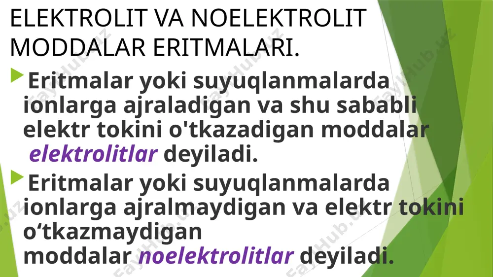 ulushi n o + n 1 eritmaning muzlash harorati toza erituvchinikidan yuqori bo’ladi. _ii - qonun:eritma muzlash haroratining pasayishi erigan modda molyal kontsentrasiyasiga to’g’ri proportsional. d t muz = k •c m d t muz = t o muz - t muz t o muz - toza erituvchining muzlash harorati t muz - eritmaning muzlash harorati d t muz - muzlash haroratining pasayishi c m - molyal kontsentrasiya, mol/kg k - krioskopik doimiylik, grad.kg/mol. k ning fizik ma’nosi shundaki, u kontsentrasiyasi 1 mol/kg bo’lgan eritma muzlash haroratining pasayishini ko’rsatadi. har qanday suyuqlik uning to’yingan bug’ bosimi tashqi bosimga teng bo’lganda qaynaydi. eritma qaynash haroratining ortishi erigan modda molyal kontsenratsiyasiga to’g’ri proportsionaldir. d t qay = e* cm d t qay = t qay - t o qay t qay - eritmaning qaynash harorati to qay - toza erituvchining qaynash harorati d t qay - qaynash haroratining ortishi e - ebulioskopik …