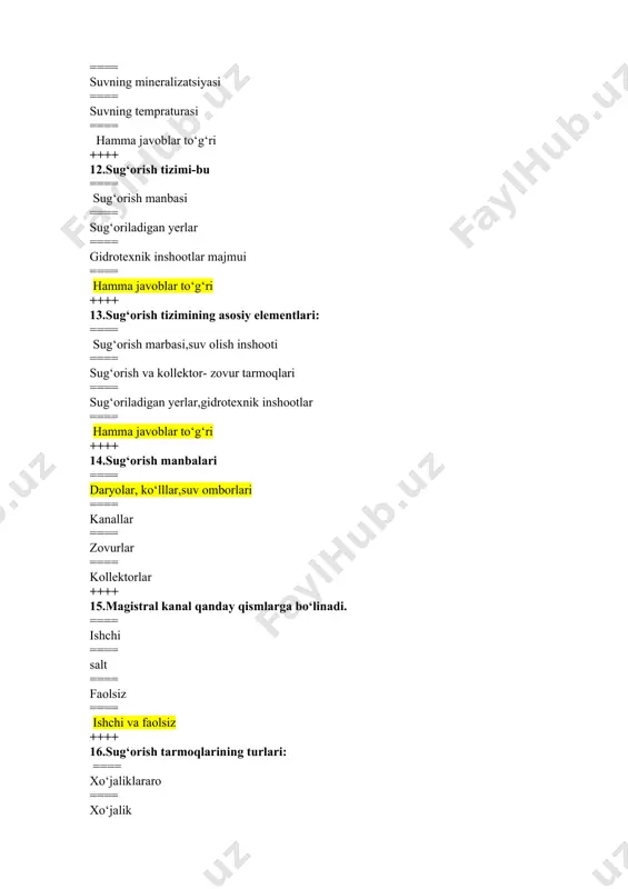 beriladigan suv hajmi. ==== ekin maydoniga bir oyda beriladigan suv hajmi. ==== ekin maydoniga bir faslda beriladigan suv hajmi. ++++ 23.sug‘orish me’yori deb nimaga aytiladi? ==== ekinlarni bir marotaba sug‘orish uchun bir gektar maydonga beriladigan suv hajmi ==== ekin maydoniga bir oyda beriladigan suv hajmi ==== o‘simliklarni bir yil davomida sug‘orish uchun beriladigan suv hajmi ==== bir gektar ekin maydonini namlantirish uchun beriladigan suv hajmi ++++ 24.gidromodul –so‘zining ma’nosi. ==== suv boshqaruvi ==== suv o‘lchovi ==== suv birligi ==== suv sarfi ++++ 25.sug‘orish gidromoduli-bu ==== birlik maydonga vaqt birligi ichida bir marotaba sug‘orish uchun berilgan solishtirma suv sarfidir. ==== bir gektar maydonni bir marotaba sug‘orish uchun berilgan suv sarfidir. ==== bir gektar maydonni bir mavsumda sug‘orish uchun berilgan suv sarfi ==== bir gektar maydonga bir yil davomida sug‘orish uchun berilgan suv sarfi. ++++ 26.suv berish gidromoduli-bu ==== biror ekinning bir gektariga butun vegetatsiya davri davomida suv berishdir. ==== biror ekinning …