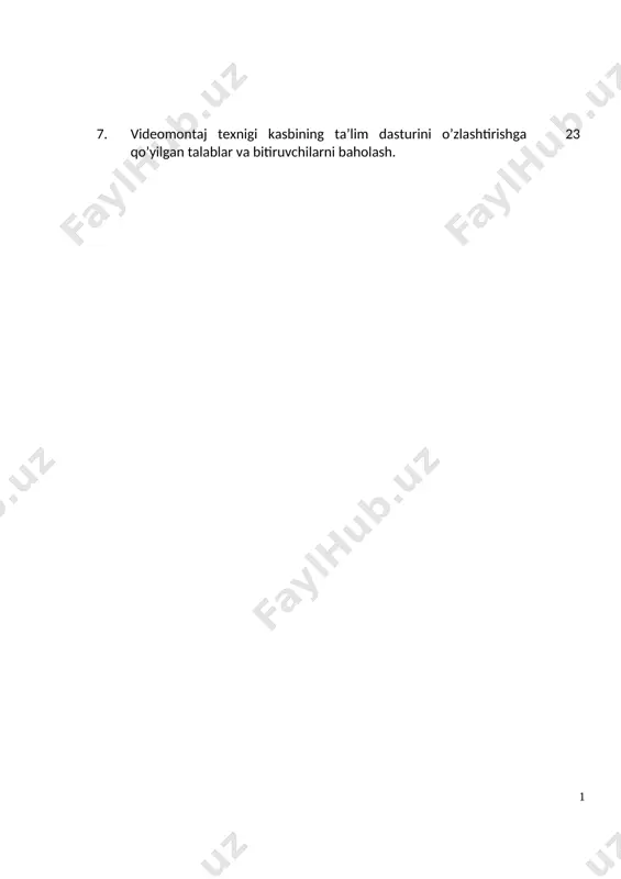 oylarda tasvirga olingan kadrlarni talab darajasida montaj qiladi. moddiy va moliyaviy resurslardan tejamli va oqilona foydalanadi. 3.3.2. kompyuter grafikasi va dizayn operatori kvalifikatsiyasi bo’yicha: rejissor va rassomlar bilan birga ko`rsatuvlarni badiiy grafika usulida bezatilishini ta`minlaydi. reklama studiyalarida ko`rgazmali va tashviqot bannerlarini tayyorlaydi. reklama studiyalarida ko`rgazmali tashviqot materiallarini zamonaviy materiallarda tayyorlaydi. ko`rgazmali materiallar dizaynini kompyuter grafik dasturlarida bajaradi. kompyuterda tayyorlangan dizayn asosid mahsulotlarni chop etadi. tayyor mahsulotni muqovalash, ramkaga va tasviriy oynaga joylashtiradi. kompyuter va mediatexnologiya vositalaridan foydalanadi. 4.ta’lim dasturini o`zlashtirgan bitiruvchining umumiy va kasbiy kompetentsiyalariga qo`yiladigan talablar 4.1. videomontaj texnigi kasbi bitiruvchilari umumiy kompetensiyasiga qo’yiladigan talablar: videomontaj texnigi kasbi bitiruvchisi quyidagi umumiy kompetentsiyalarga ega bo`lishi kerak: uk-1.kasbiy faoliyat doirasida vujudga keladigan turli masalalar yechimini topish usullarini tanlay olish; uk-2. rahbar tomonidan belgilangan maqsadga erishish uchun jamoada ishlay olish; uk-3.o’zining kasbiy malakasini va shaxsiy kamolotini takomillashtirib borish; uk-4. jamoada va ma’lum vazifani bajarishga yo’naltirilgan guruhda ishlash, hamkasblar, rahbarlar va mijozlar bilan …