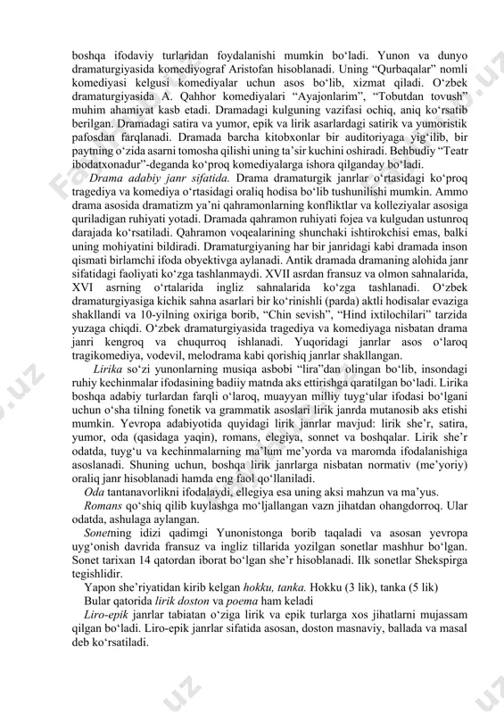 ida nasr va nazmning lug‘aviy ma’nolaridan kelib chiqib, nasrni “sochim” va nazmni “tizim” shakllarida tarzida ishlatgan. sharq mumtoz adabiyotida nasr va nazm shakllari o‘zaro farqlanar ekan, ularning ifoda yo‘sinidan kelib chiqib she’riy va nasriy janrlar farqlangan. epik janrlar. g‘arb klassik adabiyotida quyidagi epik janrlar farqlangan: epopeya, roman, qissa, hikoya, novella. epopeyada kopgina voqealar, rivoyatlar tushuniladi. unda qahramon xalq bo‘ladi. hozir u ikki ma’noda qollaniladi: 1. xalq eposi (dostonlari); 2. yirik hajmli bir necha kitobdan iborat kitob. roman xvii asrdan boshlab roman tilllari (italiyan, ispan, portugal, fransu) da yozilgan epik asarlar shu nom bilan yuritilgan. syujet nuqtayi nazardan ko‘p tarmoqli romaniy tafakkur ostiga quriladi. asosiy qahramonlari bir yoki bir nechta shaxs bo‘lishi mumkin; polifonik ko‘p ohangli harkterga ega bo‘lishi mumkin. jahon adabiyotida birinchi she’riy roman dantening “ilohiy komediya”. nasrda yozilgan roman servantesning “don kixot” asaridir. rus adabiyotida birinichi she’riy roman “yevgeniy onegin”, nasriy asar esa lermontovning “zamonamiz qahramoni” asari. qissa bir …