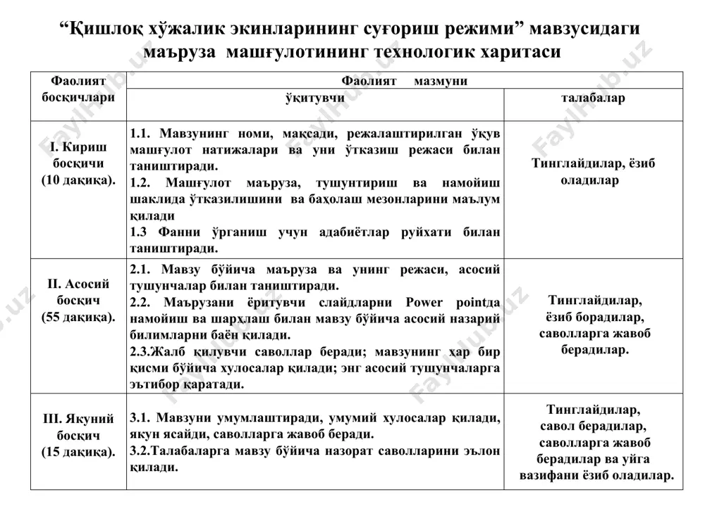 imi -tuprokning xamma zarralari orasining suv bilan tulganligi. dalaning eng kup (yoki potentsial) nam sigimi - tuprokning tabiiy sharoitda eng kup mikdordagi namni kuyi katlamlarga utkazmay, uzida saklab tura olish xususiyati. kapiillyar nam sigimi - tuprokning kapillyari oralariga anchagina nam sigdirish va bu namni aynan shu joyda saklab tura olish xossasi. maksimal molekulyar nam sigimi - molekulyar tortilish tufayli tuprok zarralarida saklanadigan suv . usimliklar bu namni uzlashtira olmaydi, shu sababli nam sigimi shu darajagacha pasayganda ular kuriy boshlaydi. tuprokdiagi suv xavo va issiklik rejimi zarur darajada saklansa, tuprokdagi mikrobiologik protsesslar normal boradi, ozik moddalar usimliklar iste'mol kila oladigan xolda buladi. tuproklarning suv-fizikaviy xosslari (a.n.kostyakov ma'lumotlaridan) tuprok tarkibida gil tuprok nakadar kup bulsa, uning mexaniqaviy tarkibi shu kadar ogir va u shu kadar sergovak xam kapillyar nam sigimi shu kadar yukori xamda usimliklar iste'mol kila oladigan nam protsenti shu kadar (jadvalning oxirgi grafikasi) kup buladi. tuproklar tuprokdagi govaklilik, xajmiga nisbatan,% …