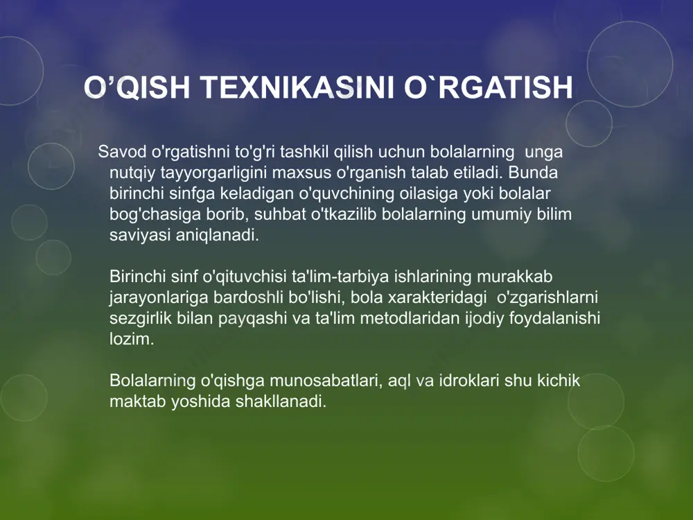 ali o‘qishda ma’lum tezlik, mantiqiy pauza, tinish belgilariga rioya qilgan xolda o‘qish muhim. buning uchun so‘zlarni aniq, ravon, to‘g‘ri talaffuz etib, asar mazmunini tushunib, ongli o‘qish, unda ifoda etilgan qahramonlarning ichki kechinmalari, his-tuyg‘ularini, ruxiy kayfiyatlarini anglab o‘qish demakdir. ifodali o‘qishga o‘rgatish ish turlariga kuyidagilarni kiritish mumkin: to‘g‘ri nutqiy nafas olishni tarbiyalash; diksiyani ishlab chiqish; tovush, bo‘g‘in, so‘z, gap, she’riy asar, tez aytishlar bilan artikulyatsion mashqlar o‘tkazish; xor bo‘lib o‘qish; ko‘rsatilgan ifodali o‘qish namunasiga taqlid etish; rollar bilan o‘qish; drammatizatsiya, saxnalashtirish usullaridan foydalanish; ayrim intonatsiya turlaridan ongli foydalana olishga o‘rgatish mashqlari; ovoz ustida ishlash va boshqalar. ifodali o`qish to’g’ri o’qish deganda xato qilmasdan, yanglishmasdan o’qish tushuniladi, ya’ni to’g’ri o’qish so’zning tovush-harf tarkibini, grammatik shakllarni buzmasdan, so’zdagi tovush yoki bo’g’inni tushirib qoldirmay, boshqa tovushni qo’shmay, harflar o’rnini almashtirmay, aniq talaffuz qilib, so’zga urg’uni to’g’ri qo’yib o’qish hisoblanadi. to’g’ri o’qish so’zning uzun-qisqaligiga, o’quvchining so’z boyligiga, ya’ni so’zning leksik ma’nosini qanchalik bilishiga hamda so’zning …