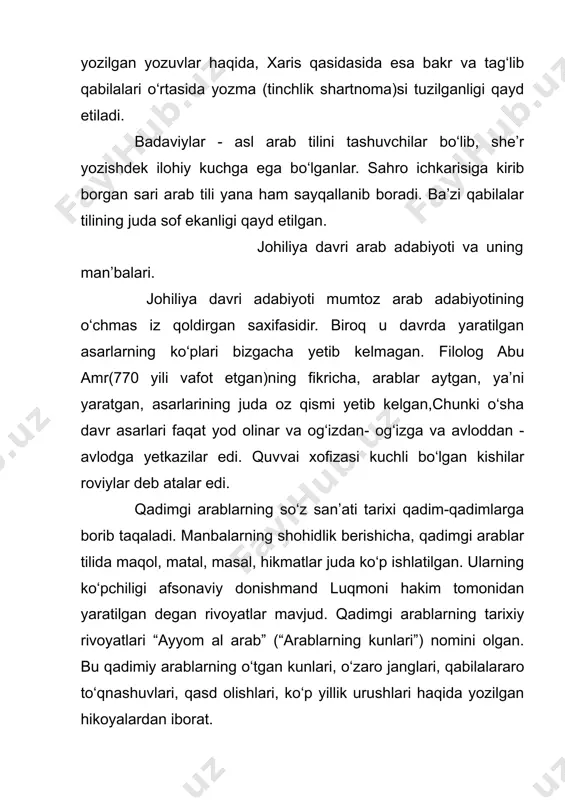 nsiklopedik majmuasiga va abu-l- faraj al-isfaxoniyning (897-967) “qo‘shiqlar kitobi» nomli majmuasiga kiritilgan. johiliya davrida yaratilgan qasidalar 50-100 baytdan iborat bo‘lib, ketma-ket bir- biriga bog‘lanib keladigan mavzularni tashkil etagan. 1. nasib- bu qasidaning kirish lirik -rubobiy qismi bo‘lib,unda shoir o‘zining ichki kechinmalarini sevgi iztiroblari-yu,quvonchlari,rashq qiynoqlariyu,hijron azoblarini ta’riflaydi. 2. vasf - bu qismda arabiston saxrolari, uning ajoiyib qaytarilmas tabiati,jazirama issig‘i, shamol-u-bo‘ronlari, gohida yogadigan obi-rahmat yomg‘irlari, o‘simlik dunyosi-yu, xayvonotlari, badaviy arablarning tunu-kun yo‘ldoshi, sodik dustiga aylangan ot va tuyalari xamda kuchib ketgan kabilalardan qolgan manzil-makonlarining vasfi ta’riflanadi. tabiat va o‘tgan voqealar vasfi juda chiroyli badiiy to‘qimalar bilan o‘rab beriladi.qasidaning vasf qismi eshituvchida asosiy mavzuni kuz ungida namoyon etuvchi bir kayfiyatni vujudga keltiradi. 3. faxr - bu badaviy shoirning o‘z ma’shuqasiga yetishish uchun qanday jasoratlar ko‘rsatgani, janglardagi qahramonliklari va uchkur tuyasi fazilatlarini vasf etuvchi qismidir. ularni shoir faxr bilan madh etadi. 4. madh - bunda shoir uz qabilasi,uning oqsoqollari, lashkarboshilarining fazilatlari, qabiladoshlarining nasl- nasabi,shon …