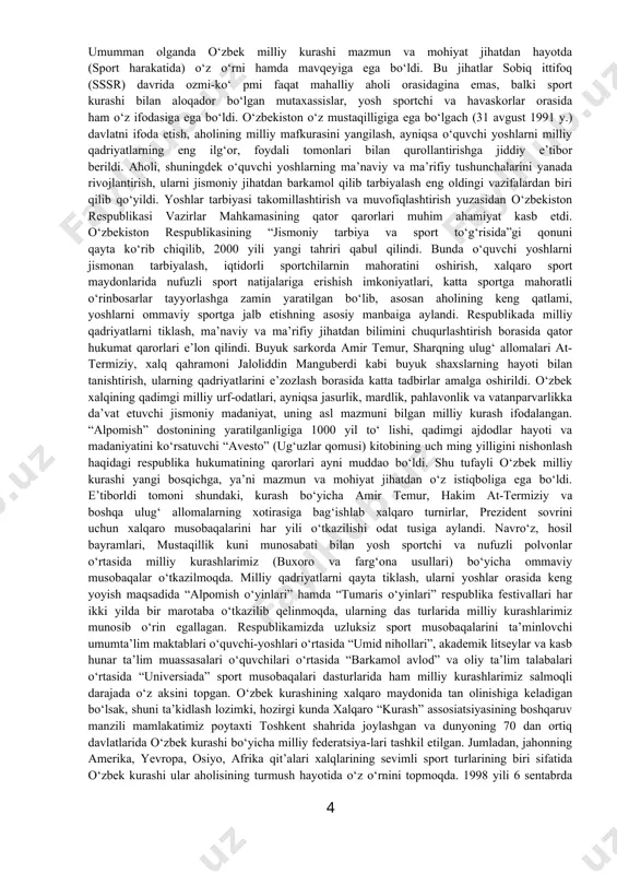 ahoratini oshirish, xalqaro sport maydonlarida nufuzli sport natijalariga erishish imkoniyatlari, katta sportga mahoratli o‘rinbosarlar tayyorlashga zamin yaratilgan bo‘lib, asosan aholining keng qatlami, yoshlarni ommaviy sportga jalb etishning asosiy manbaiga aylandi. respublikada milliy qadriyatlarni tiklash, ma’naviy va ma’rifiy jihatdan bilimini chuqurlashtirish borasida qator hukumat qarorlari e’lon qilindi. buyuk sarkorda amir temur, sharqning ulug‘ allomalari at-termiziy, xalq qahramoni jaloliddin manguberdi kabi buyuk shaxslarning hayoti bilan tanishtirish, ularning qadriyatlarini e’zozlash borasida katta tadbirlar amalga oshirildi. o‘zbek xalqining qadimgi milliy urf-odatlari, ayniqsa jasurlik, mardlik, pahlavonlik va vatanparvarlikka da’vat etuvchi jismoniy madaniyat, uning asl mazmuni bilgan milliy kurash ifodalangan. “alpomish” dostonining yaratilganligiga 1000 yil to‘ lishi, qadimgi ajdodlar hayoti va madaniyatini ko‘rsatuvchi “avesto” (ug‘uzlar qomusi) kitobining uch ming yilligini nishonlash haqidagi respublika hukumatining qarorlari ayni muddao bo‘ldi. shu tufayli o‘zbek milliy kurashi yangi bosqichga, ya’ni mazmun va mohiyat jihatdan o‘z istiqboliga ega bo‘ldi. e’tiborldi tomoni shundaki, kurash bo‘yicha amir temur, hakim at-termiziy va boshqa ulug‘ …