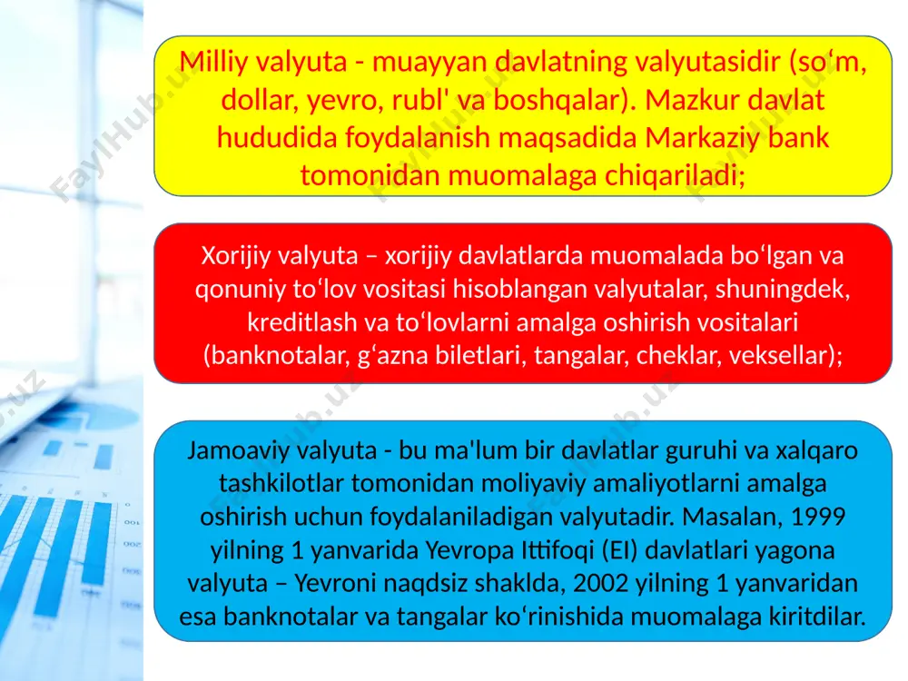 yani jilovlash va tashqi iqtisodiy muvozanatni ushlab turish va boshq. jahon valyuta tizimiga esa quyidagi elementlar kiradi: xalqaro to‘lov vositasi; valyuta kurslarini belgilash va saqlab turish mexanizmi; valyutalarni konvertatsiyalash shartlari; valyutaviy cheklashlarni davlatlararo tartibga solish; xalqaro valyutaviy likvidlikni ta’minlash va tartibga solish; xalqaro hisob-kitob shakllarini umumlashtirish; oltin va valyuta bozorlarida ishlash rejimlari; valyuta munosabatlarini tartibga soluvchi davlatlararo institutlarning huquq va majburiyatlari image2.jpeg image3.png image4.png image5.png image6.png image7.png image8.png image9.png image10.png image11.png image12.png image13.png image14.png image15.png image16.png image17.png image18.png image19.png image1.jpeg /docprops/thumbnail.jpeg