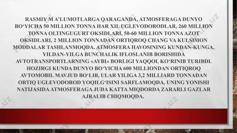gugurt oksidi, 44,1 kg azot oksidi, 374 kg chang, 1,1 kg is gazi, 0,4 kg uglevodorodlar va 0,01 kg aldegidlar ajralib chiqadi o'zbekiston respublikasi hududida joylashgan 2600 dan ortiq korxonalardan yiliga 164 ming tonna 150 turdagi ifloslantiruvchi moddalar havoga chiqarib yuborilmoqda. u lardan 87%i respublikaning asosiy sanoat potensiali hisoblangan toshkent, qashqadaryo, buxoro, farg'ona, navoiy viloyatlarida joylashgan korxonalar hissasiga to'g'ri keladi. 1987- yilda sanoat korxonalari tomonidan atmosferaga tashlangan chiqindilar miqdori respublikada aholi jon boshiga 150-211 kgni tashkil qilgan bo 'lsa, 2020-yilda o 'zbekiston bo'yicha atmosferaga turg'un va harakatlanuvchi manbalardan 2,1 million tonna zararli moddalar tashlangan umumiy ifloslantiruvchi tashlamalarning 53% ni uglerod oksidi, 15% ini oltingugurt angidridi va 15% ini yuqori toksiklik hossasiga ega bo'lgan moddalar, 8 % ini uglevodorodlar, 5% ini qattiq moddalar va 4% ini azot oksidlari tashkil qiladi. turg'un manbalardan atmosferaga 150 dan ziyod zararli m oddalar chiqarib yuborilm +oqda. shulardan 84% ini toshkent(300 ming tonna), qashqadaryo (214 ming …