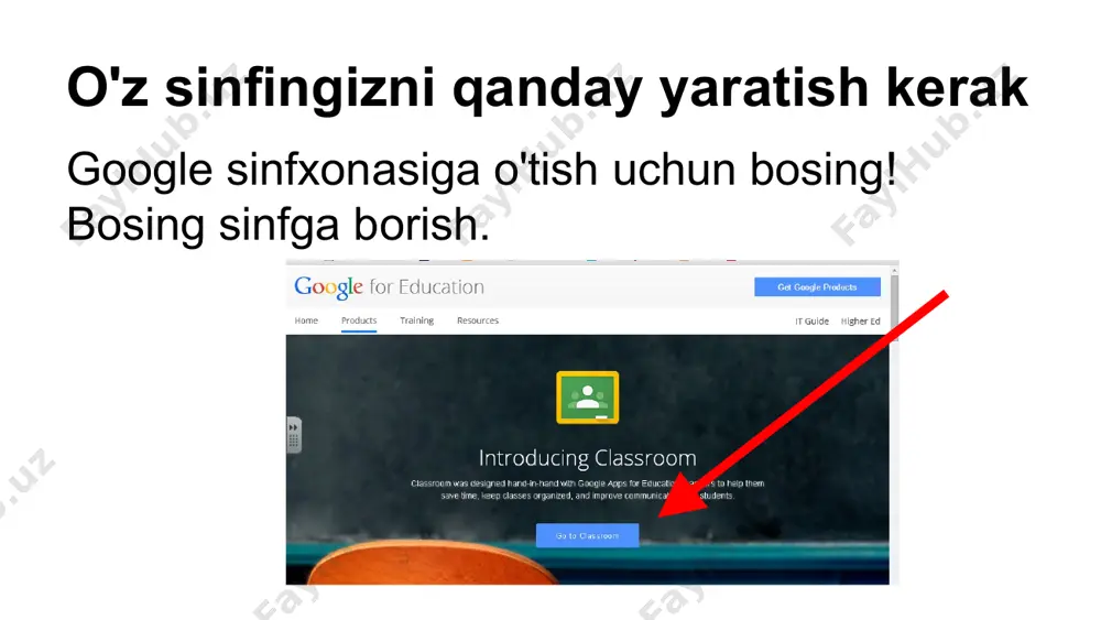 . sinfga qo'shilish uchun o'quvchilaringizga beradigan kod. shuningdek, o'qituvchi sifatida xohlagan vaqtingizda sinf kodini o'zgartirishingiz mumkin. o'quvchilar sahifasi - bu sizning sinfingizga o'qishga kirgan barcha o'quvchilarning ro'yxati. o'quvchilar sizning sinfingizda qo'yish va sharh berish qobiliyatlarini o'zgartirishi mumkin. sinfxonangiz haqidagi ma'lumotlarni o'zgartiring va tahrirlang. havolalarni joylashtirish. sinfingizga ko'proq o'qituvchilarni taklif qiling. *agar siz o'qituvchini qo'shsangiz, ular qo'lingizdan kelgan barcha ishni qilishadi, faqat darsni o'chirishdan tashqari. bosh sahifa oqim bu erda siz o'z e'lonlaringiz va topshiriqlaringizni joylashtirasiz. yangi e'lon yoki topshiriqni yaratganingizda u loyiha sifatida saqlashi mumkin. shunday qilib, agar siz uni darhol joylashtirishni xohlamasangiz, bunga hojat yo'q. keyinchalik joylashtirishingiz uchun saqlab qoladi. e'lon nima? google classroom sizga e'lonlaringizni joylashtirish uchun joy beradi. bir yo'l bilan muloqotga ega bo'lgan veb-saytdan farqli o'laroq, talabalar e'longa yana izoh berishlari mumkin. topshiriq nima? google docs-dan foydalanib, endi qog'ozni yig'ish va o'tkazishingiz shart emas. google classroom hujjatni o'qituvchi va o'quvchilar google drive-ga darhol joylashtirish orqali bo'lishish …