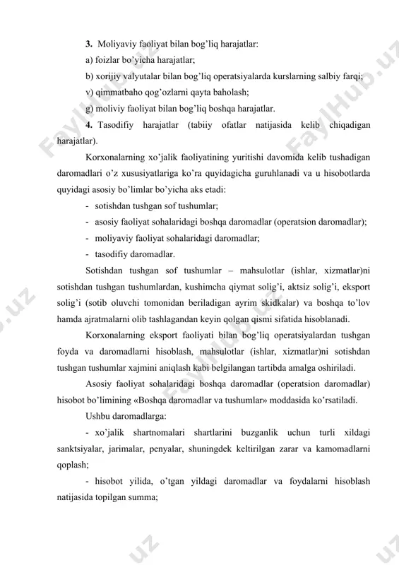 ar va voqealar tufayli vujudga keladigan daromadlardir. bularga, asosiy faoliyat yurgizish davomida ifodalangan hisobotlarda aks etgan boshqa daromadlar bo’limi moddasidagi daromadlar kiritilmaydi. xo’jalik faoliyatini yuritish davomida korxonalar o’z mablag’lari darajasini aniqlashi va nazorat qilishi muhim o’rin tutadi. chunki mulkiy javobgarlik, tuzilgan kontraktlar va shartnomalar asosida kelib chiqadigan o’zaro kelishmovchiliklar yoki muammolar mana shu mulkka bo’lgan egalik huquqlari bo’yicha kafolatlanadi. mulkiy javobgarlik, mulk shaklidan qat’iy nazar, faqat korxonaning o’z mablag’lariga quyilishi mumkin. o’z mablag’larning mikdori buxgalteriya balansi ma’lumotlariga asosan aniqlanadi. mulk formalaridan qat’iy nazar, xo’jalik yurituvchi sub’ektlar hisobida bo’lgan o’z mablag’lari summasi quyidagi formula yordamida aniqlanadi: o’mab. = bv – (m + mmaj.o’s. – mmaj.so’n.) – ddeb.qarz. – z; bunda: bv – balans valyutasi summasi; m – uzoq muddatli va qisqa muddatli majburiyatlar passivini ikkinchi va uchinchi bo’limlari; mmaj.o’s. – majburiyatlarning o’sishi – oxirgi hisobot davri uchun balans ma’lumotlari bilan taqqoslaganda kontrakt imzolagan kunga qarz olingan va jalb qilingan mablag’lar; mmaj.so’n. …