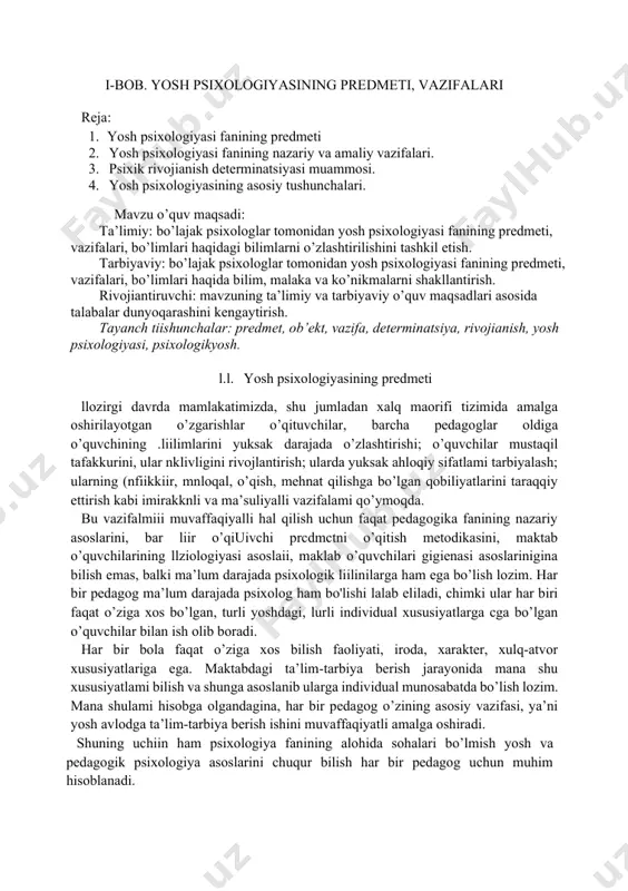 ozgan inshoga qarab, o’i|iluvchi uning adabiy qobiliyatini, so’z boyligi, rivojlanish darajasi, obrazli larakkuri haqida xulosa chiqarishi mumkin. xuddi shuningdek, matematikadan yo/iuii lull. hiizmachilikdan lopshiriq nalijalariga qarab o’quvchining individual pnl.xlk .minusiyiilliiii, qohiliyallmi, mehnat malakalari haqida ma’lumot to’plash mumkin. dhigiionlik iiidodlai': l)u melodlar shaxsning u yoki bu xususiyatlarini shunchaki lii’rillash emas, balki bu xususiyatlarni o’rganish asosida sifat va miqdor jihatdan xaraklcristika bcrish imkoniyatiga ega. diagnostika metodlariga turli xil testlar kiradi. test metodi yordamida kishining aqliy qobiliyatlari darajasi aniqlanadi, inson holati va ularning xususiyatlari belgilanadi, shaxsning strukturaviy sifatlari - o’z- o’zini baholash, emotsional barqarorlik, muammoga yengil kirisha olishi o’rganiladi. l est inglizcha (test) so’zidan olingan bo’lib, sinab ko’rish, tekshirish ma’nosini bildiradi. test tekshiruvehiga taqdim etiladigan topshiriqlar tizimi bo’lib, uning natijasida standartlashtirilgan o’lchov o’tkaziladi. test asosan individlai' o’rtasidagi farqlami yoki turli sharoitlarda ular ko’rsatadigan reaksiyalar o’rtasidagi farqlami o’rganish uchun mo’ljallangan. yosh va pedagogik psixologiyada test guruhlaming ijtimoiy psixologik xususiyatlarini, guruhiy holatlaming namoyon bo’lish darajasini …