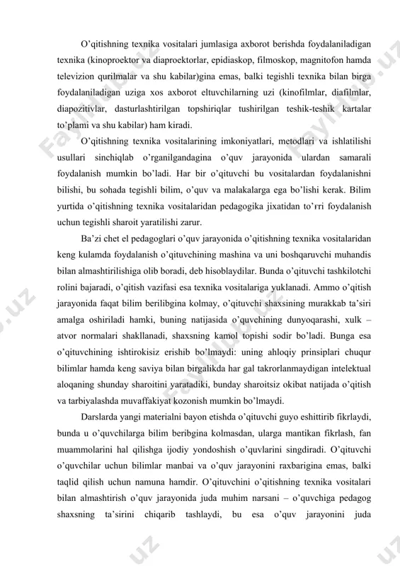 adiki, bunday sharoitsiz okibat natijada o’qitish va tarbiyalashda muvaffakiyat kozonish mumkin bo’lmaydi. darslarda yangi materialni bayon etishda o’qituvchi guyo eshittirib fikrlaydi, bunda u o’quvchilarga bilim beribgina kolmasdan, ularga mantikan fikrlash, fan muammolarini hal qilishga ijodiy yondoshish o’quvlarini singdiradi. o’qituvchi o’quvchilar uchun bilimlar manbai va o’quv jarayonini raxbarigina emas, balki taqlid qilish uchun namuna hamdir. o’qituvchini o’qitishning texnika vositalari bilan almashtirish o’quv jarayonida juda muhim narsani – o’quvchiga pedagog shaxsning ta’sirini chiqarib tashlaydi, bu esa o’quv jarayonini juda kambagallashtirib yuboradi. barcha texnika vositalarining, shu jumladan, o’qitish mashinalarining ham imkoniyatlari cheklangan – ular faqat o’qituvchining o’quvchilarga ko’rsatadigan ta’sirini oshiradigan quroldir. kasb – hunar maktablarida yuqori malakali usta va o’qituvchilar, boy texnikaviy imkoniyatlar, o’quvchilarning texnikaviy ijodiyoti keng rivojlanganligi tufayli o’quv xonalarini o’qitishning texnika vositalari bilan jixozlashga, bu vositalarni bilim yurtlarida tayyorlashga, sanoatda ishlab chiqarilgan texnika vositalarini takomillashtirishga katta e’tibor berilmokda. xonalarni o’qitishning texnika vositalari bilan jixozlash ishida quyidagi asosiy texnikaviy-pedagogik talablarga amal qilish …