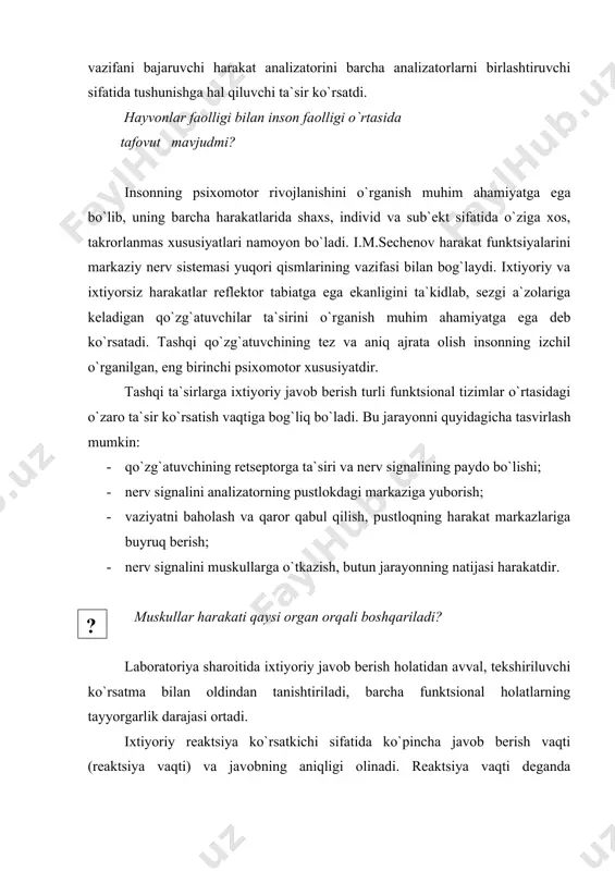chi ko`rsatma bilan oldindan tanishtiriladi, barcha funktsional holatlarning tayyorgarlik darajasi ortadi. ixtiyoriy reaktsiya ko`rsatkichi sifatida ko`pincha javob berish vaqti (reaktsiya vaqti) va javobning aniqligi olinadi. reaktsiya vaqti deganda qo`zg`atuvchi berilgandan javob harakati tugaguncha bo`lgan vaqt oralig`i olinadi; va uni quyidagi formula bilan ifodalanadi; t r qt nn q tnr q td ; bu erda tr - reaktsiya vaqti, tnn-sensor -pertseptiv jarayon vaqti, tpr-baholash va qaror qabul qilish vaqti, td - harakat javobi vaqti. ma`lumki. reaktsiya vaqti funktsional tizimlar holatiga va tashqi sharoitlarga bog`liq bo`ladi. ixtiyoriy reaktsiyalarni o`rganish psixodiagnostik ahamiyatga ega bo`lib, insonning turli faoliyatlari mexanizmi va tarkibini o`rganishda keng foydalanishi mumkin. harakatlar tizimidagi biror bo`g`inning amalga oshirilmasligi faoliyat natijasiga qanday ta`sir ko`rsatadi? faoliyat tarkibida ish-harakat (deystvie) alohida ajratib ko`rsatiladi. ish-harakat, deb muayyan oddiy bir vazifani bajarishga yo`naltirilgan nisbatan tugallangan faoliyat elementiga aytiladi. faoliyat elementi sifatida u sa`i-harakat va harakatlarda namoyon bo`ladi. operatsiya (jarayon) - texnologik jarayonning tarkibiy qismidir. operatsiya texnologik …