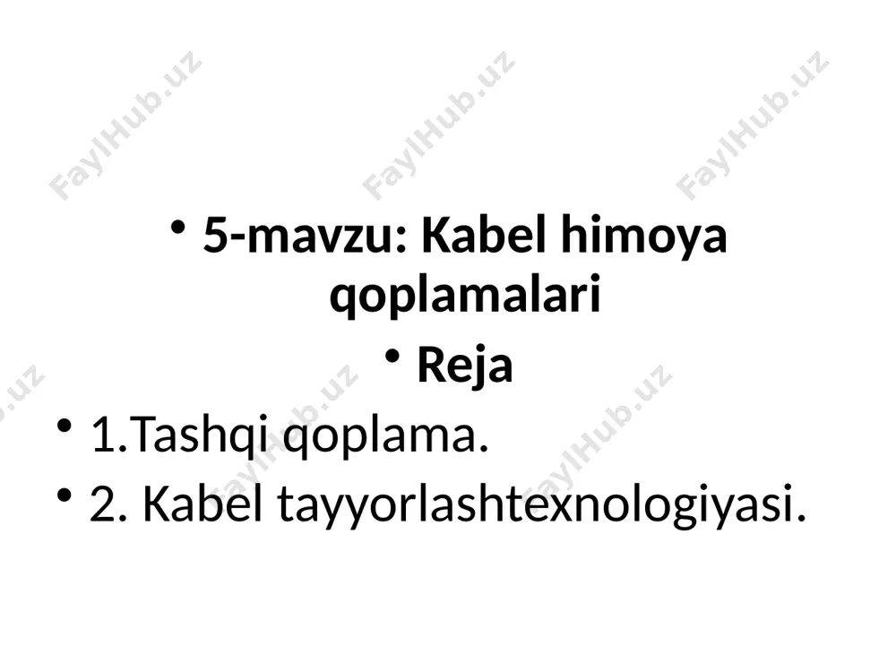 haning qalinligi 1,5-3,4 mmni oralig‘ida tanlab olinadi. past bosimli yuqori kuchlanishli moy to‘latilgan kabellarda himoya qoplamasi qo‘rg‘oshin yoki alyuminiy qobig‘i ustidan yotkaziladi va uni ham, kislota, ishqordan, hamda qo‘rg‘oshin yoki alyuminiy yemirilishini keltirib chiqaradigan daydi toklardan himoya qiladi va mexanik ta’sirdan saqlaydi. yostiqcha quyidagi qatlamlardan tashkil topadi: bitumli tarkib, ikkita polivinilxloridli tasma, bitumlangan chidamli qog‘oz tasmasi, bitumli tarkib, qalinligi 2 mmli shimdirilgan kabel to‘qimasi. yostiqchaning umumiy qalinligi 3 mm. zirx qatlami-himoya qoplamasining bir qismi hisoblanib, metalli tasma yoki simdan iborat bo‘ladi va kabelni tashqi mexanik ta’sirlardan himoya qiladi. tasmalar bitum tarkibi bilan qoplangan po‘lat, ruxlangan po‘latlardan tashkil topib, qalinligi 0,3; 0,5; 0,8 mmni va kengligi 10-60 mmga teng bo‘ldi. ruxlangan po‘latli sim diametri esa 1,4-6 mmni yassi simligi 1,5-1,7 mmni tashkil etadi. tashqi qoplama – kabel himoya qoplamasining bir qismi bo‘lib; zirxni korroziyadan saqlashga mo‘ljallangan, u ximoya shlangi sifatida yoki maxsus tolasimon chirimaydigan yoki yonmaydigan tarkibidan tashkil topgan. odatdagi bajarilgan …