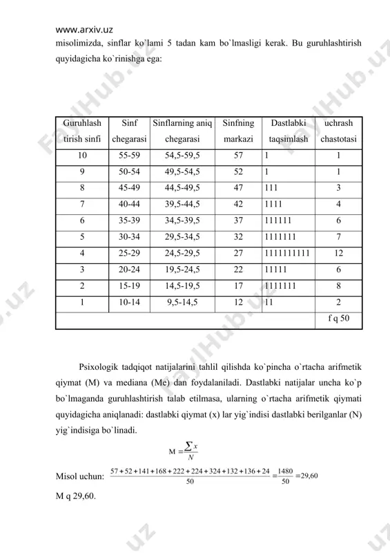 hkalasi bo`yicha solishtirilganda ch.spirman bo`yicha (p) interval qiymati uchun k. pirson (r) bo`yicha korrelyatsiya koeffitsienti hisoblandi. masalan: x va u so`rovnomalari bo`yicha 15 ta tekshiriluvchidan savollarga “ha” yoki “yo`q” degan javoblar olingan. (nq15). natijalar x va u so`rovnomalariga “ha” deb bergan javoblarining yig`indisiga qarab ajratilgan. har ikki so`rovnoma natijalari o`rtasidagi o`zaro aloqani aniqlash maqsadida korrellyatsiya koeffitsienti hisoblanadi: spirmanning tartib korrellyatsiya koeffitsienti (r) quyidagi formula bilan hisoblanadi. bu erda n - solishtirilayotgan juft ikkita o`zgaruvchi qiymat soni, d2 - ushbu qiymatlar o`rtasidagi farqlar (rang) tartib raqami kvadrati. bu hisobni amalga oshirish uchun birlamchi natijalarni jadvalga joylashtirish kerak. 1-ustunga tekshiriluvchining tartib raqami, 2-3 ustunlarga x va u metodikalar bo`yicha to`plangan ballar, 4-ustunga rx - x so`rovnomasi bo`yicha to`plangan ballariga ko`ra ranjirovka amalga oshiriladi. eng ko`p ball to`plagan 1-rang, undan keyingisi - 2, va hokazo. agar ikkita tekshiriluvchining bali teng bo`lsa, u holda har ikkisini nomerining o`rtachasi yoziladi, ya`ni 12,13-rang o`rniga 12,5 deb …