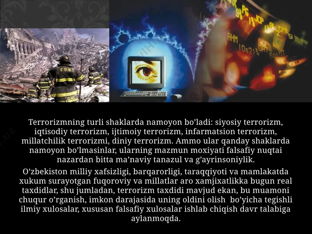 alqaro terrorizm tomonidan markaziy osiyoda olib borilayotgan qo'poruvchilik va terroristik harakatlar ham ana shunday natijalarga olib kelishi ehtimoli yo'q emas. xalqaro terrorizm hozirgi zamon umumbashariy muammolari yangi ko`rinishi bugungi dunyoda mafkuraviy jarayonlar o‘zining g‘oyatda keng ko‘lami va ta’sir doirasiga ko‘ra kengayib bormoqda. bu jarayonlar millat, hudud, qit’a tanlamayotgani bilan ajralib turadi. mazkur holat esa turli mafkuraviy vositalar va tashkilotlarning umuminsoniy maqsad atrofida birlashishlari kerakligini ko‘rsatmoqda. vujudga kelgan ushbu holatda markaziy osiyodagi mafkuraviy jarayonlarni to‘g‘ri tahlil etish va unda shanxay hamkorlik tashkiloti (shht)ning o‘rnini ko‘rsatish juda muhim. hozirgi paytda ro’y bеrayotgan ayrim salbiy qolatlar nojo’ya xatti – qarakatlar, yovuz ishlar avvalo mafkuraviy bo’shliq tufayli sodir bo’lmoqda. нега деганда, ҳали ҳаётийtajribaga ega bo’lmagan, oq – qorani tanib ulgurmagan yoshlar qar turli ta'sirlarga bеriluvchan bo’ladi. misol uchun, ba'zi yoshlarni yo’ldan chalqitayotgan diniy ekstrеmizm xavfini olaylik. bu xatarli oqim o’ziga xos tarixga ega. xususan, 80 – yillarning oqirida mamlakatimizga o’zini “do’st”, “dindosh”, “millatdosh” qilib …