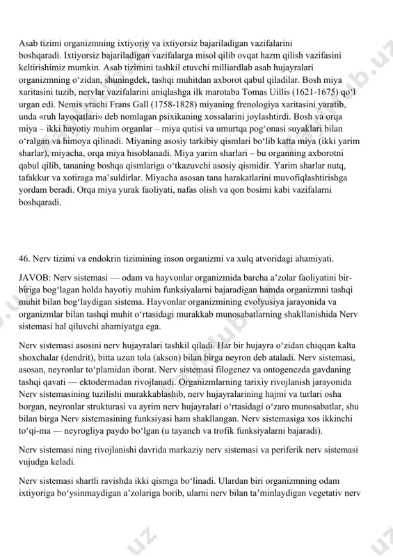 zimini tadqiq etish hisoblanadi. organizmning yaxlit tuzilma sifatida faoliyat ko‘rsatishini nerv hosilalarining to‘plamlari ta’minlab beradi. asab tizimi markaziy, periferik va vegetativ bo‘limlardan iborat. markaziy asab tizimi (mat) bosh va orqa miyani o‘z ichiga oladi. miya organizmda boshqaruvchi vazifasini o‘taydi va psixomotor faoliyatni ta’minlab beradi. bundan tashqari, miya fikrlarimizni mahorat bilan boshqarib, inson organizmining beshta asosiy tuyg‘ulari – ko‘rish, eshitish, ta’m bilish, hid bilish va sezishni nazorat qiladi. periferik asab tizimi – nervlar va nerv tugunlaridan iborat. periferik nervlar majmuasi yurak, o‘pka, ovqat hazm qilish tizimi va boshqa ichki organlar, tomirlar va to‘qimalarni ta’minlaydi, bularning barchasi vegetativ asab tizimini tashkil etadi. uning faoliyati inson iroda kuchiga bog‘liq bo‘lmaydi. (3.1 rasm) asab tizimi organizmning ixtiyoriy va ixtiyorsiz bajariladigan vazifalarini boshqaradi. ixtiyorsiz bajariladigan vazifalarga misol qilib ovqat hazm qilish vazifasini keltirishimiz mumkin. asab tizimini tashkil etuvchi milliardlab asab hujayralari organizmning o‘zidan, shuningdek, tashqi muhitdan axborot qabul qiladilar. bosh miya xaritasini tuzib, nervlar vazifalarini …