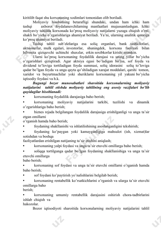 g bo’ylamasiga tarkiblanishi va ularning o’zgarishlari o’rganiladi. asosli yoki trend tahlilida moliyaviy natijalar va ularning yillir bo’yicha o’zgarishi, dinamikasi yoki asos yiliga nisbatan o’zgarishdlariga baho beriladi. moliyaviy natijalar tahlilida qo’llaniladigan asosiy ko’rsatkichlar qatoriga esa korxona foydaliligi yoki natijaviyligi ko’rsatkichlari, bozor aktivligi ko’rsatkichlari kiritiladi. korxona foydaligini xarakterlovchi asosiy ko’rsatkichlar sifatida rentabellik ko’rsatkichlari olinadi. bozor aktivligi ko’rsatkichlariga aktsiyalar, qimmatli qag’ozlarning foydalilik darajasini xarakterlovchi ko’rsatkichlar kiritiladi. ular qatoriga bitta aktsiyaga to’g’ri keladigan hisob foydasi (soliq to’loviga qadar bo’lgan foyda), bitta aktsiya to’g’ri keladigan sof foyda, bitta aktsiyaga to’g’ri keladigan dividend summasi, aktsiyaning bahosi va foydasi orasidagi nisbat koeffitsentlari kiradi. moliyaviy natijalar tahlil tashqi va ichki sub’ektlar tamonidan olib boriladi. ichki sub’ektlar tamonidan olib boriladigan tahlil ichki moliyaviy tahlil qatoriga kiritilib faqat shu korxonaning xodimlari tomonidan olib boriladi. moliyaviy hisobotning betarafligi shundaki, undan ham ichki ham tashqi axborot foydalanuvchilarning manfaatlari mujassamlashgan. ichki moliyaviy tahlilda korxonada ko’proq moliyaviy natijalarni yuzaga chiqish o’rni, shakli bo’yicha o’zgarishlariga …
