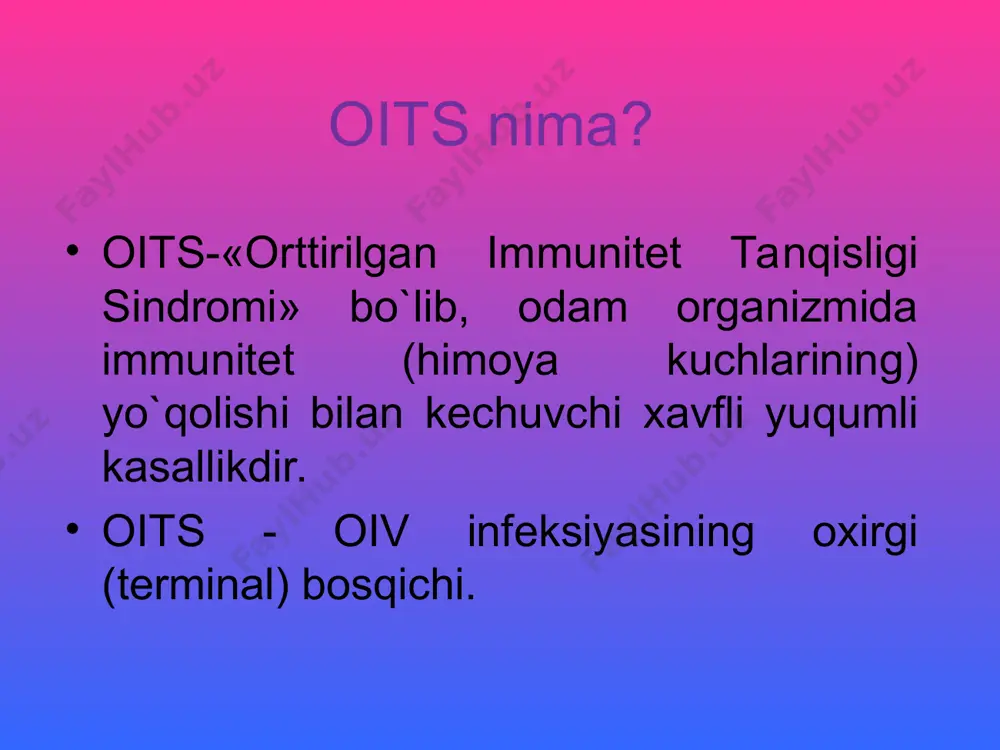shi (diareya), sababsiz o`pka shamolashlari (atipik pnevmoniya) holatlari, odamning keskin ozib ketishi, xavfli o`smalarning rivojlanishi yuzaga keladi. avj olish davrida bemor sariq kasal, sil, nafas yo’llari va oshqozon ichak tizimini zararlovchi turli kasalliklarga beriluvchan bo’lib qoladi.tanada yuzaga kelgan boshqa kasalliklarning asorati tufayli inson hayotdan ko`z yumadi. kasallik muqarar o`lim bilan tugaydi. eslatma: sog’lomdеk bo’lib ko’ringan odamdan spid yuqtirib olishingiz mumkin. spid virusi kirgandan so’ng kasallikning birinchi bеlgilari namoyon bo’lishiga qadar bir nеcha oy yoki yillar o’tishi mumkin, lеkin kasallangan odam jinsiy aloqa yoki igna bеrish orqali boshqalarga xam ushbu kasallikni yuqtirishi mumkin. statistika butunjahon sog’liqni saqlash tashkiloti ma’lumotlariga ko’ra, bugungi kunda dunyo bo’yicha oiv infeksiyasi bilan yashayotganlar soni 33.4 mln bo’lib, har yili 2.7 mln odam oiv infeksiyasini yuqtirib olmoqda. shulardan 430 mingini 15 yoshgacha bo’lgan bolalar tashkil etadi. har yili 2 mln nafar inson u bilan bog’liq asoratlardan vafot etmoqda. 2009 yil 31 dekabrdagi so’nggi rasmiy ma’lumotlarga ko’ra har …