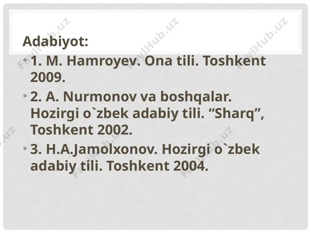 oyib borishi koʻzga tashlanmoqda. kishilar ijtimoiy-iqtisodiy hayotidagi, xalq xo'jaligidagi, madaniyat, fan-texnika sohasidagi koʻpgina oʻzgarishlar yangi tushunchalarni, yangicha munosabatlarni keltirib chiqardi. bularning hammasi oʻzbek tili leksikasining koʻpgina yangi soʻzlar hisobiga hamda boshqa tillardan o'zlashtirilgan soʻzlar hisobiga boyishiga sabab boʻldi. masalan: broker, diler, makler, kompyuter, menejer, fermer, biznes va h. ayrim o'zbekcha so'zlarning ma'nosida o'zgarishlar roʻy berib, ular boshqa ma'nolarda qo`llana boshladi. ma'lumki, oʻzbek xalqi markaziy osiyoning qadimgi xalqlaridan biri boʻlib, uning tili xi-xii asrlarda ma'lum ijtimoiy-tarixiy sharoitlarga koʻra xalq tili sifatida shakllana boshladi va asta-sekinlik bilan rivojlanib keldi. qayerda yashashidan qat'i nazar oʻzbek millatiga mansub barcha odamlar tomonidan ishlatiladigan til milliy (umumxalq) oʻzbek tili deb yuritiladi. milliy til oʻz tarkibiga adabiy til, sheva, so'zlashuv nutqi, jargonlar, vulgarizm (so'kish, qarg'ish soʻzlari), varvarizm (tilda oʻrinsiz ishlatilgan chet soʻzlar) kabi guruh so'zlarni qamrab oladi. jamiyatning muayyan tarixiy rivojlanish sharoitida xalqlar (elatlar) taraqqiy qilib, millatga, xalq tillari esa milliy tillarga aylandi. e`tiboringiz uchun rahmat 13 …