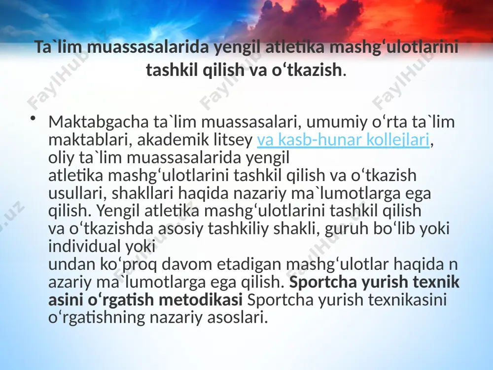 kasiga o‘rgatish , yadro itqitish, disk, nayza uloqtirish, granata uloqtirish, bosqon uloqtrish turlari haqida nazariy ma`lumotlarga ega qilish ko‘p kurash turlari texnikasini o‘rgatish metodikasi. ko‘p kurash turlariga o‘rgatish metodikasi 3,5,7,10 turlarini o‘z ichiga oladi uch kurashga 100 metr, yadro va balandlika sakrash turlari. 5 kurashga 60 yoki 100 metr uzunlika sakrash granata uloqtirish balandlika sakrash kross yugurish , 7 kurshaga 100 metr uzunlika sakrash, disk uloqtirish, balandlik sakrash 110 metrga to‘siqlar osha yugurish 800 metrga yugurish. 10 kurash 100 metrga yugurish uzunlika sakrash, disk uloqtirish, balandlika sakrash, 400 mertga yugurish 110 metrga to‘siqlar osha yugurish yadro uloqtirish, balandlika langar cho‘pga sakrash nayza uloqtirish, 1500 mertga yugurish haqida nazariy ma`lumotlarga ega qilish. yengil atletika bo‘yicha o‘quv ishlarini tashkil qilish, rejalashtirish va hisobini yuritish. yengil atletika bo‘yicha o‘quv ishlarini tashkil qilish, rejalashtirish va hisobini yuritishda talabalarga o‘quv ishlarning hujjatlarini yuritilishi va dars mashg‘ulotlarining tashkil qilish darsdan tashqari mashg‘ulotlar jarayonining o‘tkaziladigan mashg‘ulotlarni rejalashtirish …