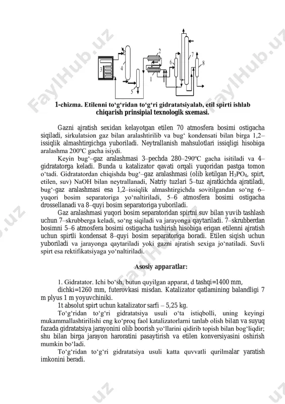 di; suvni bug‘latishga va suv bug‘ini o‘ta qizdirishga kata miqdorda issiqlik sarfi talab qilinmaydi. katalizator bug‘ fazadagi gidratatsiya uchun yaroqsizdir, chunki bu sharoitda u kam faoldir. usulning kamchiligi – katalizator narxining yuqoriligidan iborat. etilenni to‘g‘ridan to‘g‘ri gidratatsiya qilib etil spirti olish texnologiyasi 1-chizmada etilenni to‘g‘ridan to‘g‘ri gidrotatsiya qilib, etil spirti ishlab chiqarish prinsipial texnologik sxemasi keltirilgan. 1-chizma. etilenni to‘g‘ridan to‘g‘ri gidratatsiyalab, etil spirti ishlab chiqarish prinsipial texnologik sxemasi. gazni ajratish sexidan kelayotgan etilen 70 atmosfera bosimi ostigacha siqiladi, sirkulatsion gaz bilan aralashtirilib va bug‘ kondensati bilan birga 1,2– issiqlik almashtirgichga yuboriladi. neytrallanish mahsulotlari issiqligi hisobiga aralashma 200ºc gacha isiydi. keyin bug‘–gaz aralashmasi 3–pechda 280–290ºc gacha isitiladi va 4– gidratatorga keladi. bunda u katalizator qavati orqali yuqoridan pastga tomon o‘tadi. gidratatordan chiqishda bug‘–gaz aralashmasi (olib ketilgan h3pо4, spirt, etilen, suv) naоh bilan neytrallanadi, natriy tuzlari 5–tuz ajratkichda ajratiladi, bug‘-gaz aralashmasi esa 1,2–issiqlik almashtirgichda sovitilgandan so‘ng 6– yuqori bosim separatoriga yo‘naltiriladi, 5–6 …