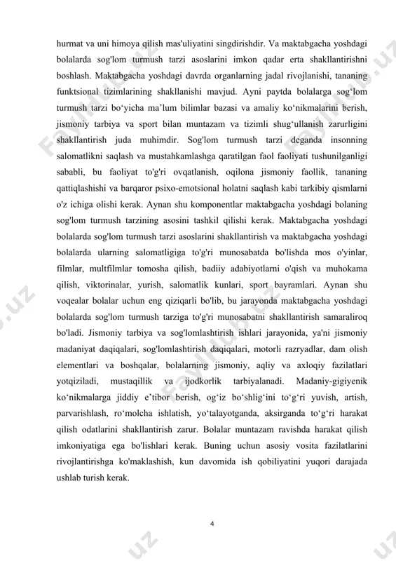 iqlashishi va barqaror psixo-emotsional holatni saqlash kabi tarkibiy qismlarni o'z ichiga olishi kerak. aynan shu komponentlar maktabgacha yoshdagi bolaning sog'lom turmush tarzining asosini tashkil qilishi kerak. maktabgacha yoshdagi bolalarda sog'lom turmush tarzi asoslarini shakllantirish va maktabgacha yoshdagi bolalarda ularning salomatligiga to'g'ri munosabatda bo'lishda mos o'yinlar, filmlar, multfilmlar tomosha qilish, badiiy adabiyotlarni o'qish va muhokama qilish, viktorinalar, yurish, salomatlik kunlari, sport bayramlari. aynan shu voqealar bolalar uchun eng qiziqarli bo'lib, bu jarayonda maktabgacha yoshdagi bolalarda sog'lom turmush tarziga to'g'ri munosabatni shakllantirish samaraliroq bo'ladi. jismoniy tarbiya va sog'lomlashtirish ishlari jarayonida, ya'ni jismoniy madaniyat daqiqalari, sog'lomlashtirish daqiqalari, motorli razryadlar, dam olish elementlari va boshqalar, bolalarning jismoniy, aqliy va axloqiy fazilatlari yotqiziladi, mustaqillik va ijodkorlik tarbiyalanadi. madaniy-gigiyenik ko‘nikmalarga jiddiy e’tibor berish, og‘iz bo‘shlig‘ini to‘g‘ri yuvish, artish, parvarishlash, ro‘molcha ishlatish, yo‘talayotganda, aksirganda to‘g‘ri harakat qilish odatlarini shakllantirish zarur. bolalar muntazam ravishda harakat qilish imkoniyatiga ega bo'lishlari kerak. buning uchun asosiy vosita fazilatlarini rivojlantirishga ko'maklashish, kun …