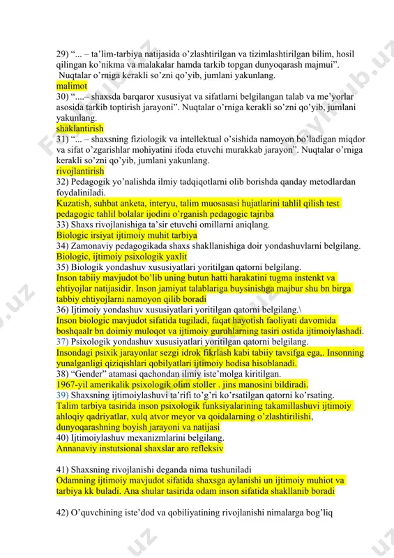 atlashtirilgan shakli”. nuqtalar o’rniga kerakli so’zni qo’yib, jumlani yakunlang. malaka 26) qaysi olim tabiatda hayot bahordan boshlangani kabi ta’lim olish jarayoni uchun eng qulay davr bolalik ekanligini ta’kidlagan? ya.a. kaminiskit 27) “....- egallangan bilim, ko’nikma va malakalarni kundalik va kasbiy faoliyatda qo’llay olish qobiliyati”. nuqtalar o’rniga kerakli so’zni qo’yib, jumlani yakunlang. kompensiya 28) qaysi olimning asarida pedagogika alohida fan maqomiga ega bo’ldi? ya.a.kaminiskiy buyuk didaktika 29) “... – ta’lim-tarbiya natijasida o’zlashtirilgan va tizimlashtirilgan bilim, hosil qilingan ko’nikma va malakalar hamda tarkib topgan dunyoqarash majmui”. nuqtalar o’rniga kerakli so’zni qo’yib, jumlani yakunlang. malimot 30) “....– shaxsda barqaror xususiyat va sifatlarni belgilangan talab va me’yorlar asosida tarkib toptirish jarayoni”. nuqtalar o’rniga kerakli so’zni qo’yib, jumlani yakunlang. shaklantirish 31) “... – shaxsning fiziologik va intellektual o’sishida namoyon bo’ladigan miqdor va sifat o’zgarishlar mohiyatini ifoda etuvchi murakkab jarayon”. nuqtalar o’rniga kerakli so’zni qo’yib, jumlani yakunlang. rivojlantirish 32) pedagogik yo’nalishda ilmiy tadqiqotlarni olib borishda qanday …