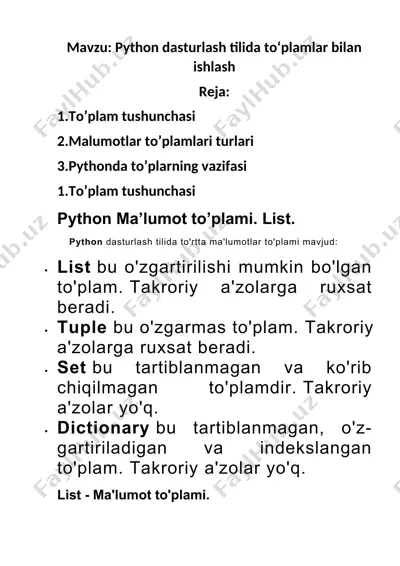 python dasturlash tilida to‘plamlar bilan ishlash — DOCX