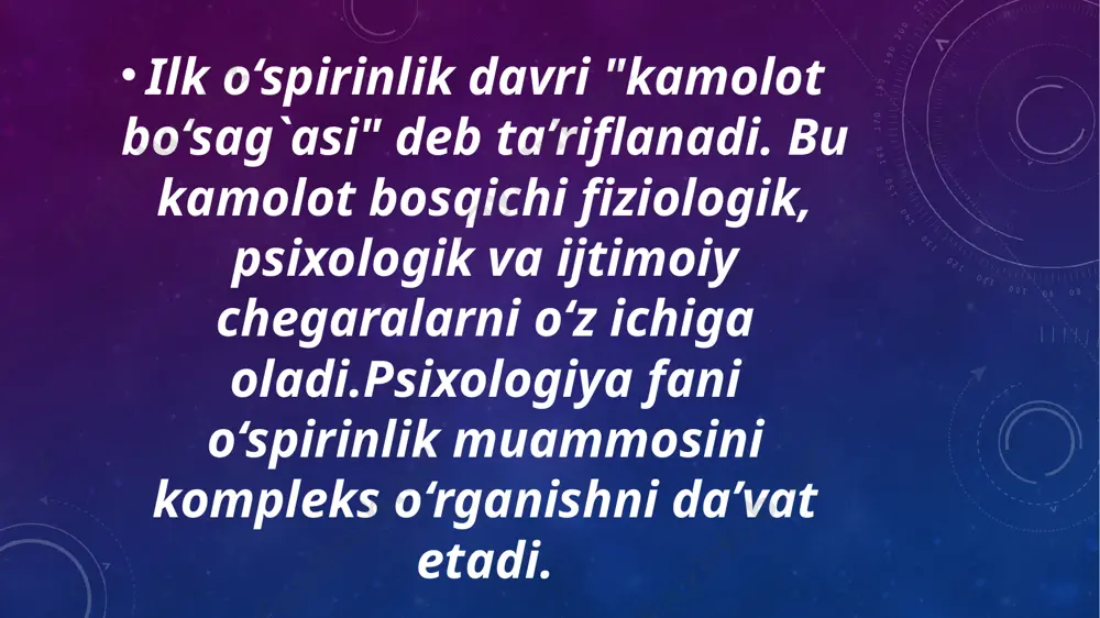 dga kеlishiga, bilimni uzlashtirishga ijodiy yondoshuv kuchayishiga olib kеladi. a) axloqiy xislatlar – jamoatchilik, samimiylik, tashabbuskorlik, faollik, mеxnatsеvarlik; b) irodaviy xislatlar – matonat, qat’iyat, mustaqillik, tashabbuskorlik, intizomlilik; v) emotsional xislatlar – xushchaqchaqlik, tеtiklik, xazilkashlik va yangilikni xis etish, o‘z kuchiga ishonch, optimizm va boshqalar o‘spirin xar bir ishda yеtakchi, birinchi bo‘lish istagi bilan yashaydi. lеkin xar doim xam uddasidan chiqa olmaydi. l.a.umanskiy fikricha buning uchun o‘spirin quyidagi xislatlarga ega bulishi kеrak. o‘spirinlarda kasblar haqida yaqqol tasavvur bo‘lmasligi sababli ular ko`proq xatoga yo‘l ko‘yadilar. o‘z qobiliyatlarini oqilona baxolay olmasliklari tufayli u yoki bu kasbni egallash uchun qanchalik tеz va aniq xarakat qila olishlarini, bu ishga moslasha olishlari mumkinligini bilmaydilar. o’spirinlar shaxsining shakllanishi jarayonida jamoat tashkilotlarining roli alohida ahamiyat kasb etadi. ularda faollik, tashabbuskorlik, mustaqillik, qat’iyatlik, mas’uliyatlik, o’z harakatlarini tanqidiy baholash singari fazilatlari barqaror xususiyat kasb etib boradi. o’zaro munosabat va emotsional hayot o’z mavqеini bеlgilashning murakkab muammolarini o‘spirinlar o’zi hal qila …
