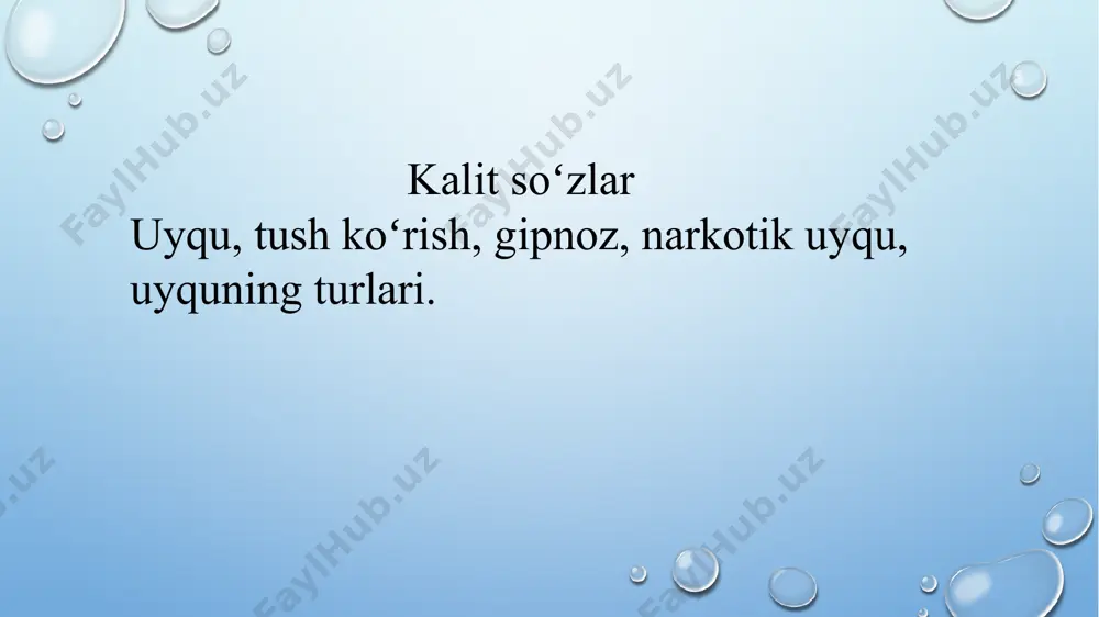 uyqu ko'p bosqichli. endi tug'ilgan chaqaloq bir kecha-kunduzda 21 soat, 6 oydan 12 oylik bo'lgan bola 14 soat, 4 yoshda-12 soat, 10 yoshda-10 soat uxlaydi. kattalarning tungi uyqusi 7-8 soat davom etadi. bedorlik holatidan uyquga o'tish asta-sekin emas bir zumda sodir bo'ladi bedor bo'lgan katta yoshli odamning eeg sida chastotasi 13gts yuqori bo'lgan kichik amplitudani to'lqinlar qayd qilinadi. osoyishta ko'zini yumib o'tirgan odamning eeg si alfa-ritm qiyofasiga kiradi (8-12 gts li kichik amplitudali tulqinlar 1-bosqichli). odam uxlashi bilan teta-ritm paydo bo'ladi, to'lqinlar chastotasi 3-7 gts dan oshmaydi (2-bosqich). uyqu chuqurlashganda, tetv-ritmga 12-15 gts li, davomi 1s bo'lgan "uyqu duklari" qo'shiladi (3-bosqich). uyquning chukurlashuvi yanada davom etadi, endi yuqori amplitudali, 0,5-2 gts chastotaga ega bo'lgan to'lqinlar delta-ritm qayd qilinadi uyquning 5-bosqichiga ko'z soqqalarining tez harakatlanishi xos. shuning uchun, uni uyquning tez davri deb atashgan. eeg da yuqori chastotali, kichik amplitudali, to'lqinlar paydo bo'ladi. miya po'stlog'ining elektr faolligi desmixronizatsiyaga uchraydi. shu vaqtda …