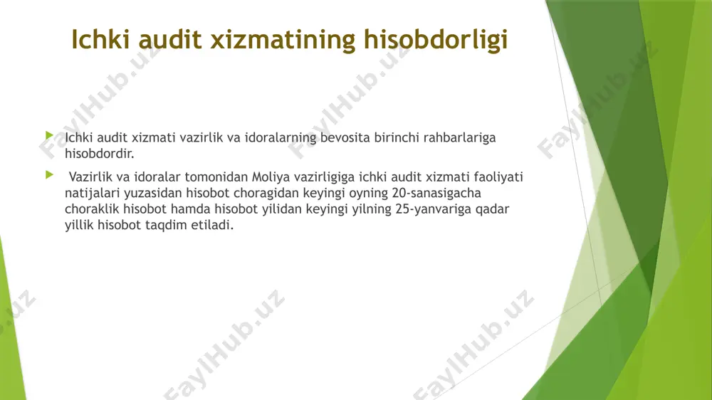 paniyaning moliyaviy hisoboti to'g'risida o'z fikrini bildirish uchun tashkilotga uchinchi shaxs olib kelinadi. bu erda ish ko'lami tegishli nizom bilan belgilanadi. auditorlik tekshiruvining ikki turini tekshirish jarayoni deyarli bir xil va shuning uchun odamlar bu ikkisi o'rtasida adashib qolishadi. shu bilan birga, ichki audit va tashqi audit o'rtasida juda katta farq mavjud. xulosa ichki audit va tashqi audit bir-biriga qarama-qarshi emas. aksincha, ular bir-birini to'ldiradi. tashqi auditor ichki auditorning ishidan, agar kerak bo'lsa, foydalanishi mumkin, ammo bu tashqi auditorning javobgarligini kamaytirmaydi. ichki audit korxona faoliyatini tekshirish vazifasini bajaradi va operatsion samaradorlikni oshirish uchun turli masalalarda maslahat berib yordam beradi. boshqa tomondan, tashqi audit butunlay mustaqil bo'lib, unda protsedurani amalga oshirish uchun tashkilotga uchinchi shaxs olib kelinadi. bu tashkilotning yillik hisobvaraqlarining to'g'riligi va to'g'riligini tekshiradi. etiboringiz uchun rahmat image1.jpeg image2.jpeg /docprops/thumbnail.jpeg