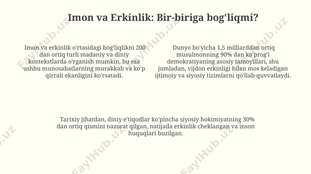. диний таълимотларнинг инсон ҳуқуқлари ва эркинликларини таъминлашдаги ролини ўрганиш натижасида 25 та давлатнинг мисолида 80% га яқин ижобий тажриба кузатилган. e'tiboringiz uchun rahmat @taqdimot_robot