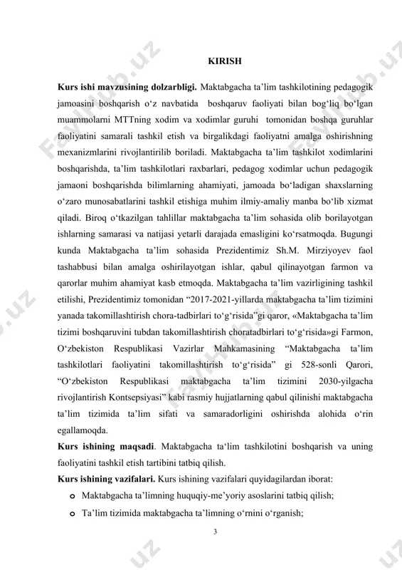 riy asoslari maktabgacha ta’lim sohasi uzluksiz ta’lim tizimining birlamchi bo‘g‘ini hisoblanib, u har tomonlama sog‘lom va barkamol bola shaxsini tarbiyalash va maktabga tayyorlashda g‘oyat muhim ahamiyat kasb etadi. mustaqillik yillarida respublikada ta’lim-tarbiya tizimi va barkamol avlodni tarbiyalash davlat siyosatining asosiy ustuvor yo‘nalishlari darajasiga ko‘tarildi. biroq, o‘tkazilgan tahlillar maktabgacha ta’lim sohasida olib borilayotgan ishlarning samarasi va natijasi yetarli darajada emasligini ko‘rsatmoqda. jumladan, so‘nggi 20 yil davomida davlat tasarrufidagi maktabgacha ta’lim tashkilotlari soni 45 foizdan ziyodroq kamaygan bo‘lib, bugungi kunda respublika bo‘yicha bolalarning maktabgacha ta’lim bilan qamrab olinishi 30 foizni tashkil etadi. shuningdek, maktabgacha ta’lim tashkilotlarining moddiy-texnika bazasi zamonaviy talabga javob bermaydi. maktabgacha ta’lim tizimida variativ dasturlar joriy etilmagan, bolalarni maktabga tayyorlash bo‘yicha muqobil, moslashuvchan modellar yetarli darajada rivojlanmagan hamda taraqqiy etgan mamlakatlar singari ijtimoiy, shaxsiy, hissiy, nutqiy, matematik, jismoniy va ijodiy rivojlantirish, atrof muhit bilan tanishuvga yo‘naltirilgan maxsus davlat ta’lim dasturlari tatbiq qilinmagan. davlat maktabgacha ta’lim tashkilotlarida faoliyat yuritayotgan pedagog kadrlarning …