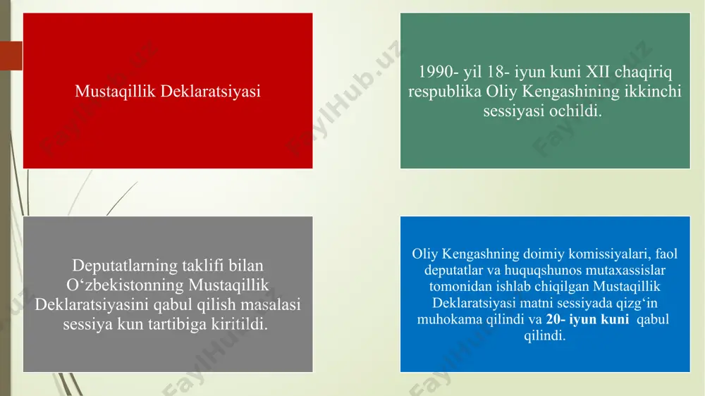 n tajribasi ko‘rsatadiki, mus-taqil demokratik, huquqiy davlat-ning tashkil topishi va rivojlanishi-ning asosiy sharti konstitutsiyaning mavjudligidir. mustaqillik qo‘lga kiri-tilgach, bir qator omillar respublika konstitutsiyasini yaratishni zarur qilib qo‘ydi. „mustaqillik deklaratsiyasi“ qabul qilingan o‘zbekiston oliy kengashining 1990- yil 20- iyunda bo‘lgan ikkinchi sessi-yasidayoq yangi konstitutsiya ishlab chiqish lozim, degan xulo-saga kelingan edi 1992- yil 8- dekabr kuni o‘zbekiston respublikasining konstitutsiyasi qabul qilindi. ma'lumki, o`zbek xalqi azaldan jamoa bo`lib, uyushib yashash-ga odatlangan, to`yda ham, azada ham yonma-yon turib, oddiy kun-larda bir-biriga ko`maklashgan. kattalarni hurmat qilish, oila va farzandlar to`g`risida g`amxo'rlik ko`rsatish, millatidan qat'i nazar odamlarga xayrixohlik, o`zgalarga yordam tuyg`usi oszbek xalqiga tarixan xosdir. shuning uchun ham i. karimov 1992-yil 2-iyulda 0`zbekiston oliy kengashining x sessiyasida «istiqlol yo'llari va muammolari» mavzusida nutq so`zlar ekan, «biz ijtimoiy taraqqiyot va yangila-nish borasida o`z yogirniz bor, deb elon qildik. bozor iqtisodiyotiga o’tar ekanmiz, milliy-tarixiy turmush tarzimizni, xalqimiz urf-odatlarini, an'analarimizni, kishilarning fikrlash tarzini hisobga olamiz», — dedi va …